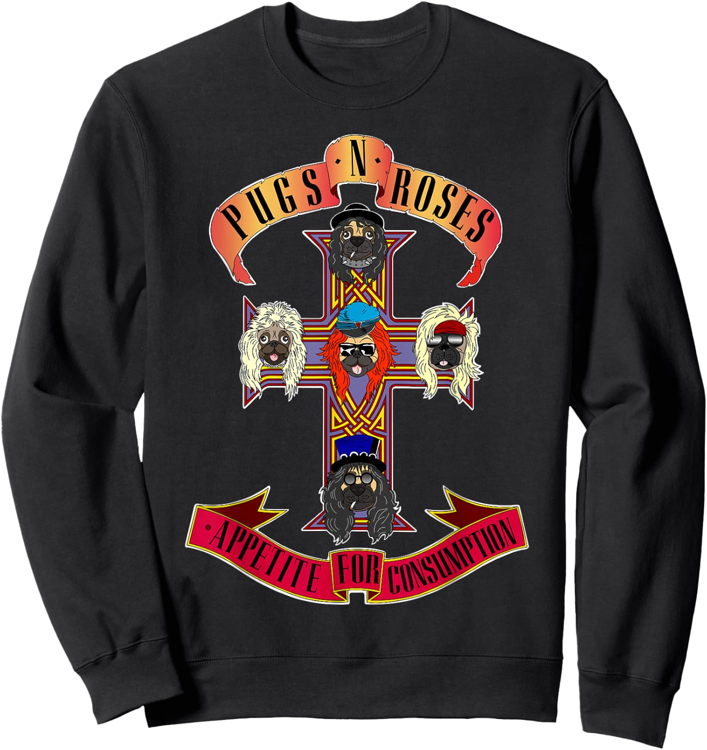 Pugs & Roses Funny Classic Rock And Roll Lover Pug Owner Sweatshirt - Sweatshirt | Black