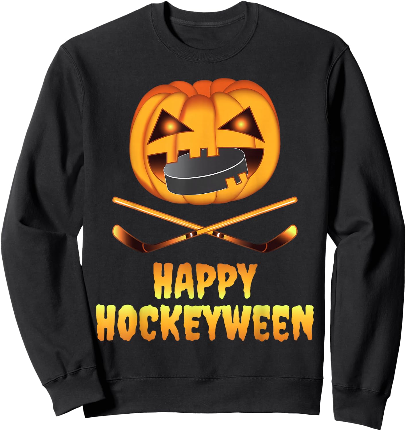 Happy Hockeyween Hockey Pumpkin Eating Puck Funny Halloween Sweatshirt - Sweatshirt | Black