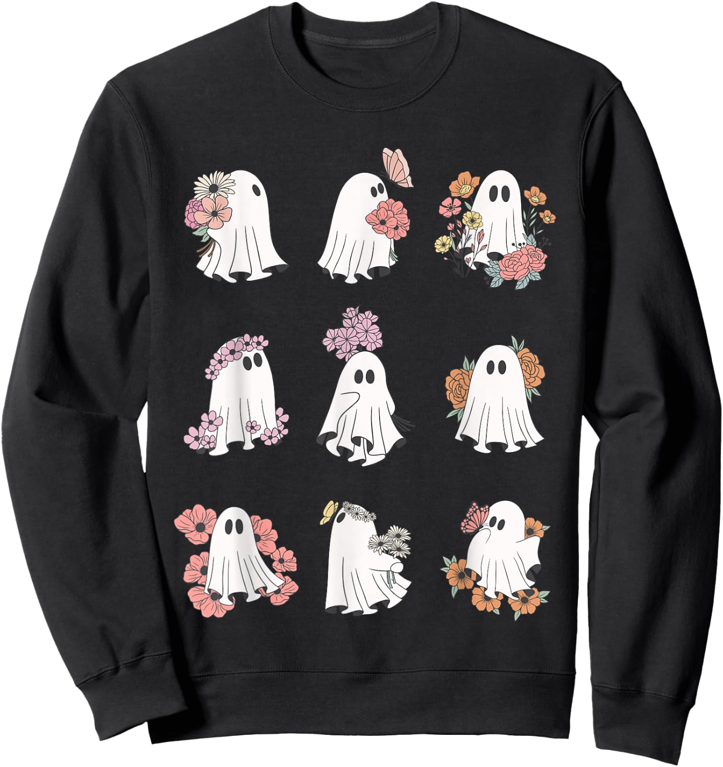 Cute Ghost Floral Plant Design Halloween Ghost With Flowers Sweatshirt - Sweatshirt | Black