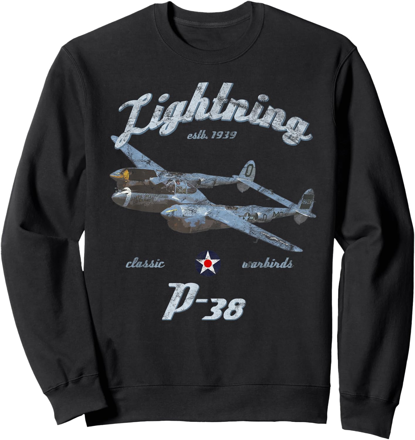 Designed For Flight P-38 Lightning Classic Warbird WWII Fighter Airplane Vintage Black Adult Sweatshirt - Sweatshirt | Black