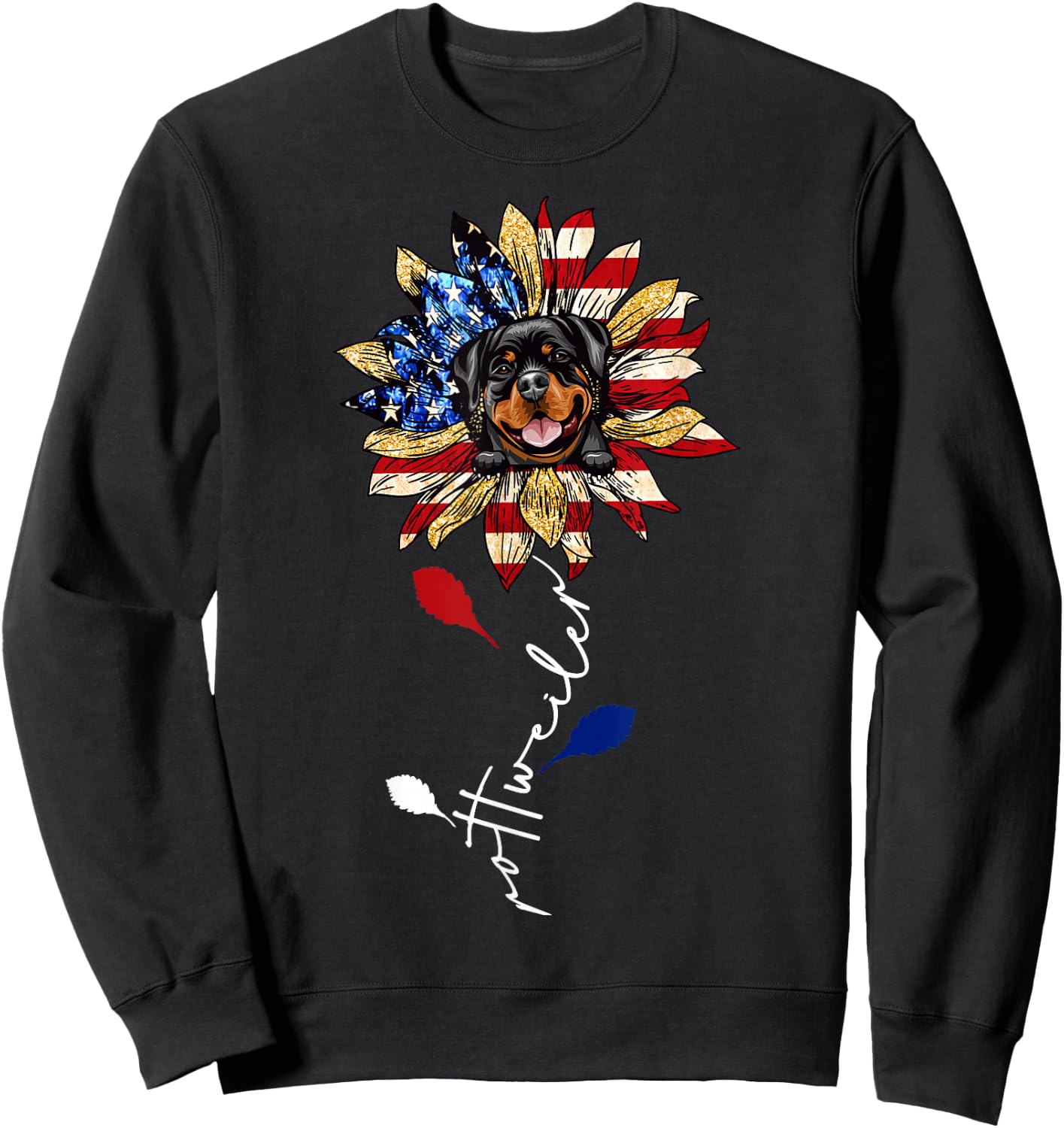 Rottweiler Sunflower American Flag 4th of July Funny Sweatshirt - Sweatshirt | Black