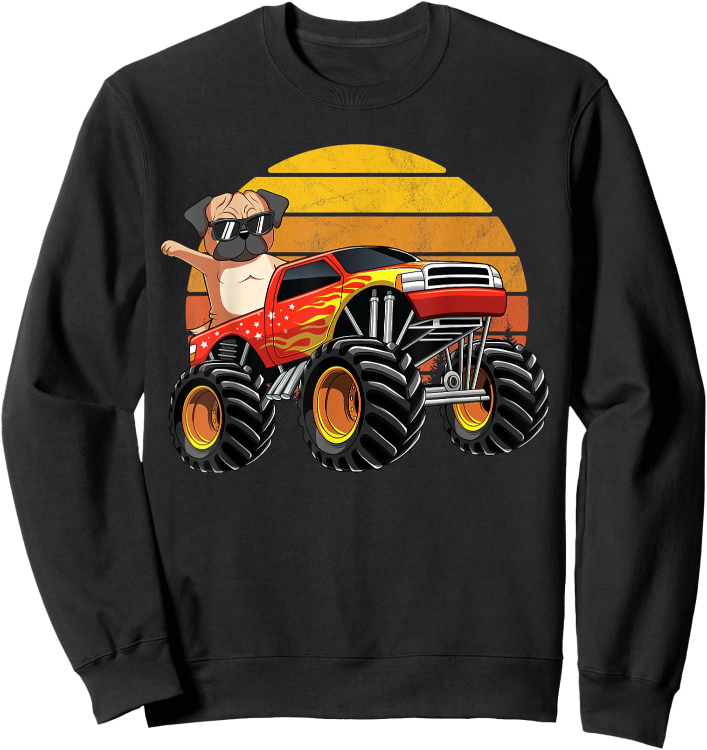 Vintage Monster Truck Pug Dog Retro Sunset Boys Sweatshirt - Sweatshirt | Black