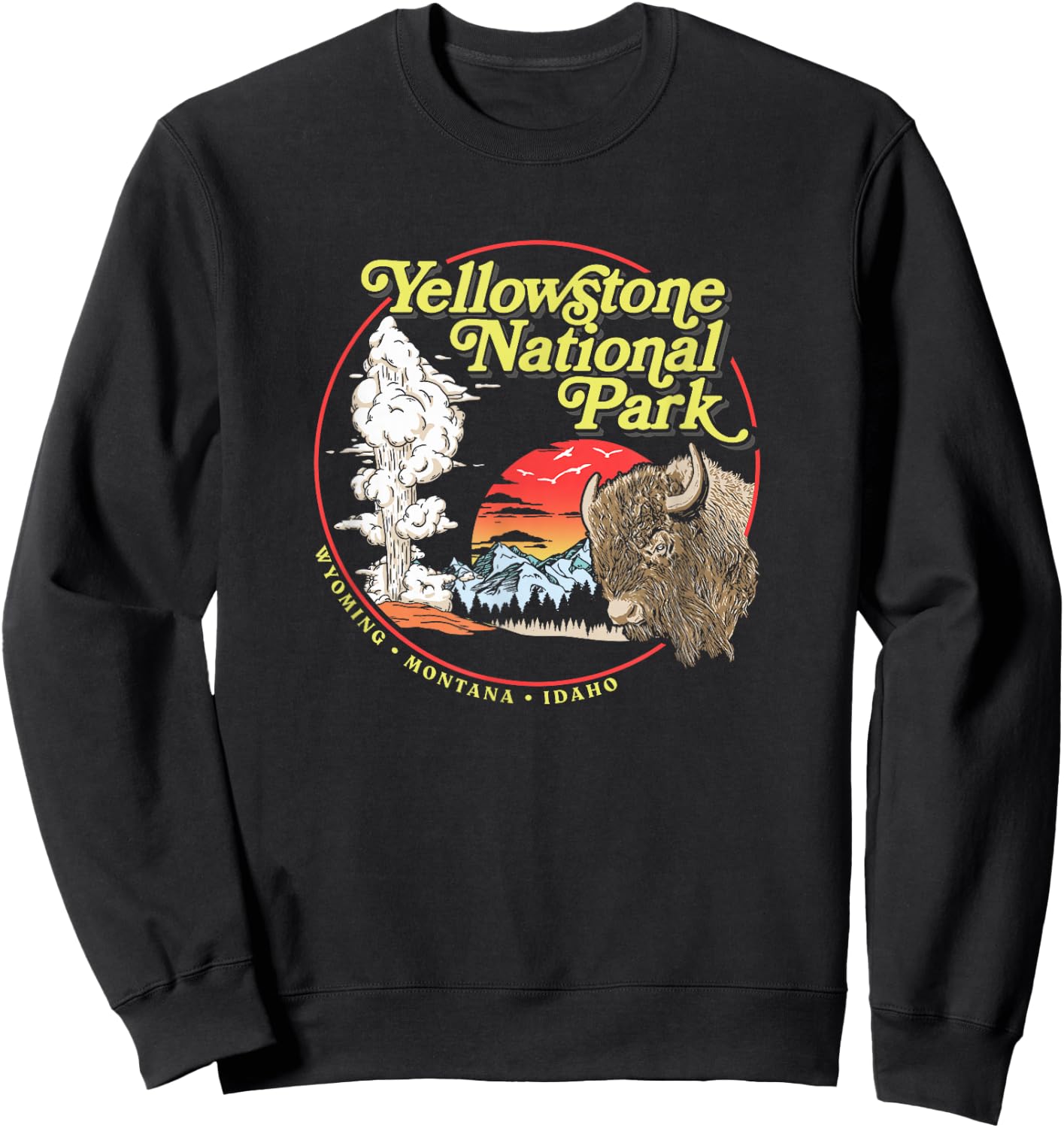 Yellowstone National Park Vintage 70's Old Faithful Graphic Sweatshirt - Sweatshirt | Black