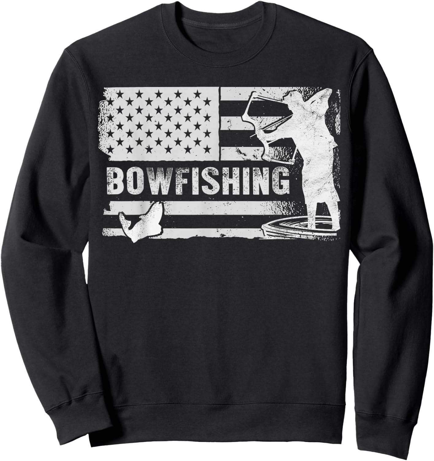 Bowfishing Vintage Look American Flag, Bow Hunting For Fish Sweatshirt - Sweatshirt | Black