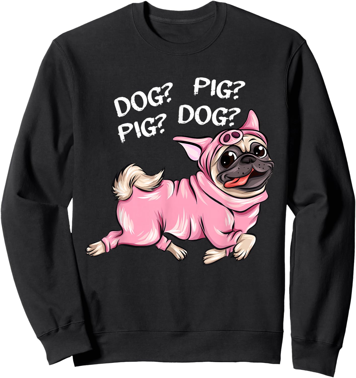 Cute Dog Pug Pig Apparel -Adults Black Dog Pig Pug Both Funny Connection of Animal Connected Sweatshirt - Sweatshirt | Black
