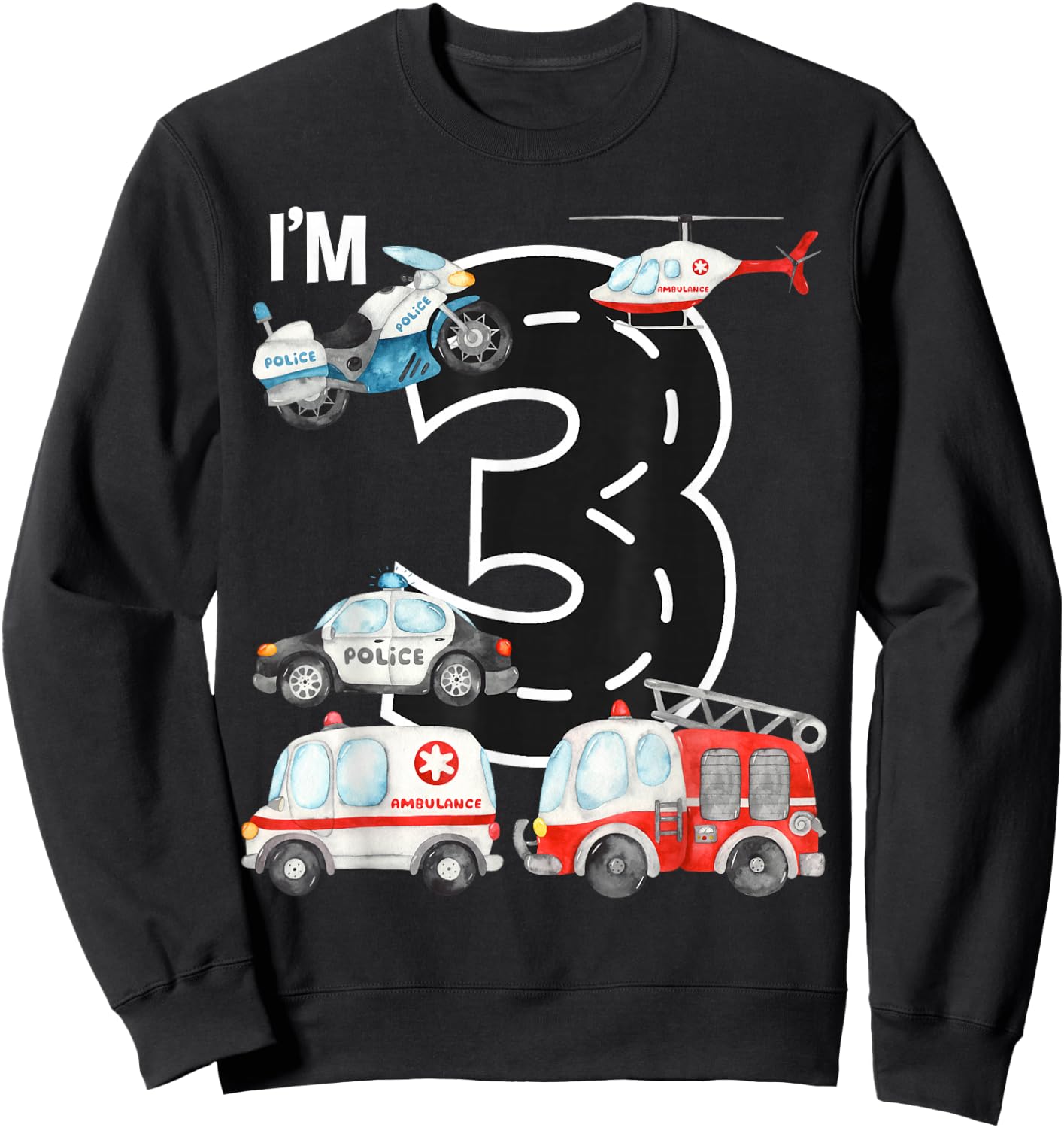Emergency Vehicles 3rd Birthday Fire Truck Police Car Boys Sweatshirt - Sweatshirt | Black