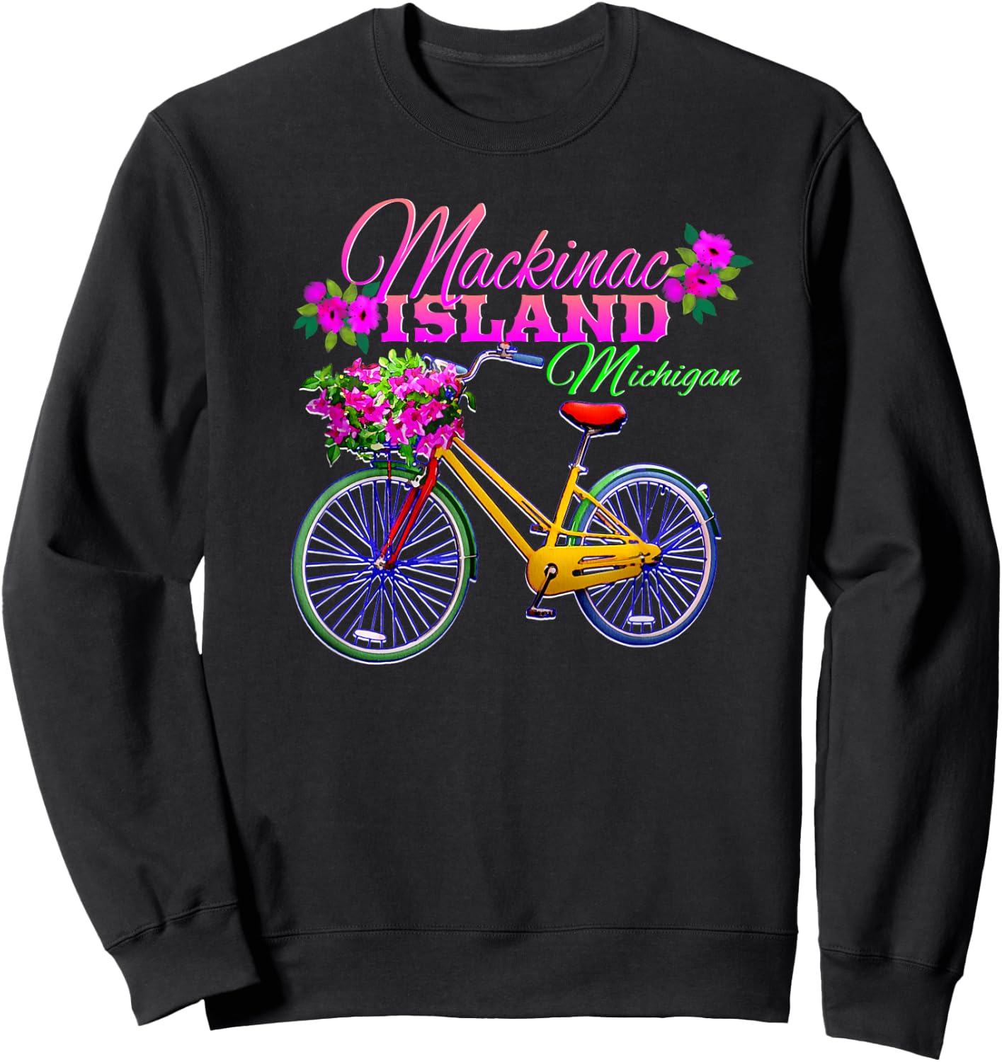 Mackinac Island Michigan Gift Vintage Bike Flowers Sweatshirt - Sweatshirt | Black