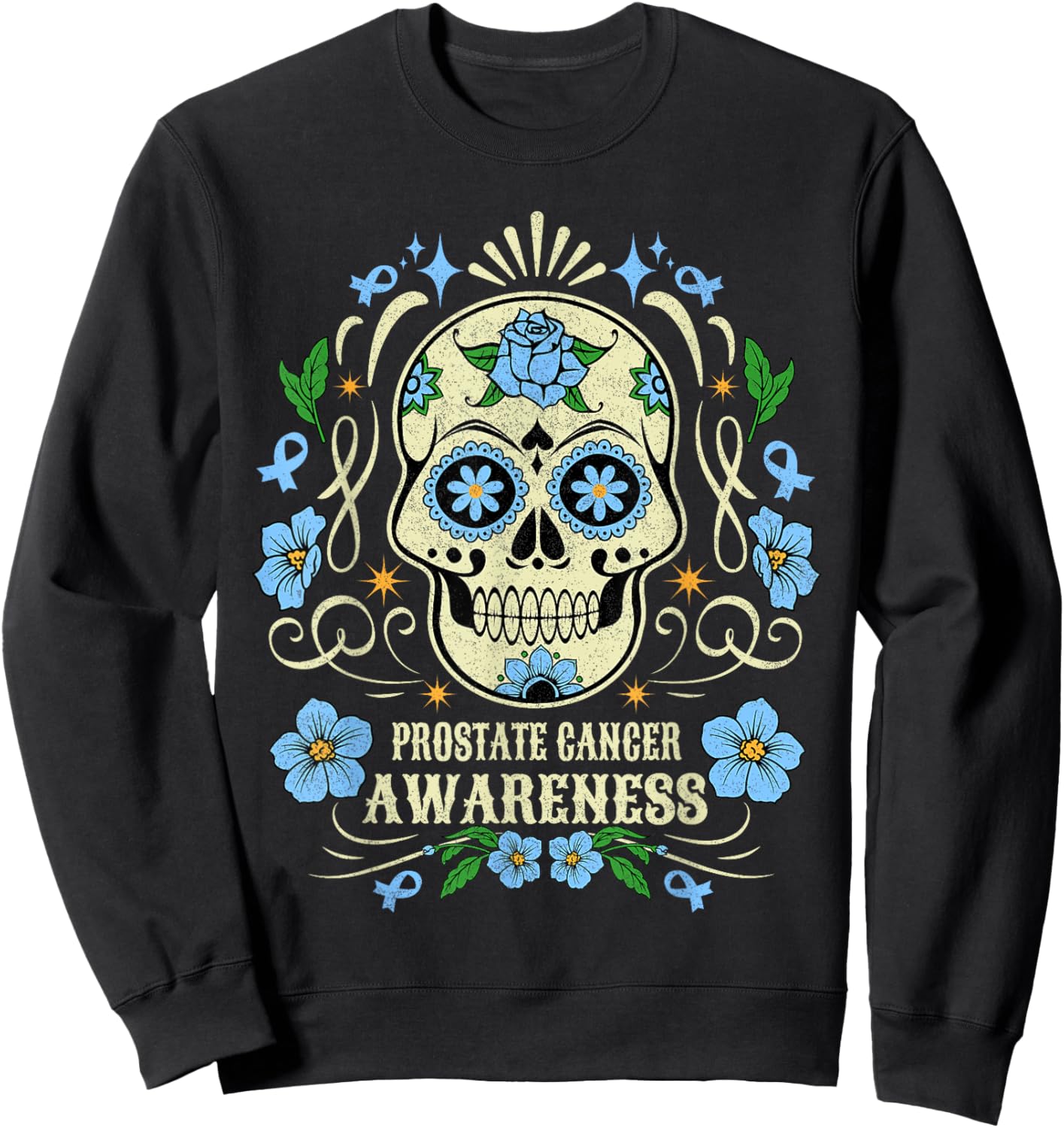 Skull Flower Prostate Cancer Awareness Retro Blue Ribbon Sweatshirt - Sweatshirt | Black