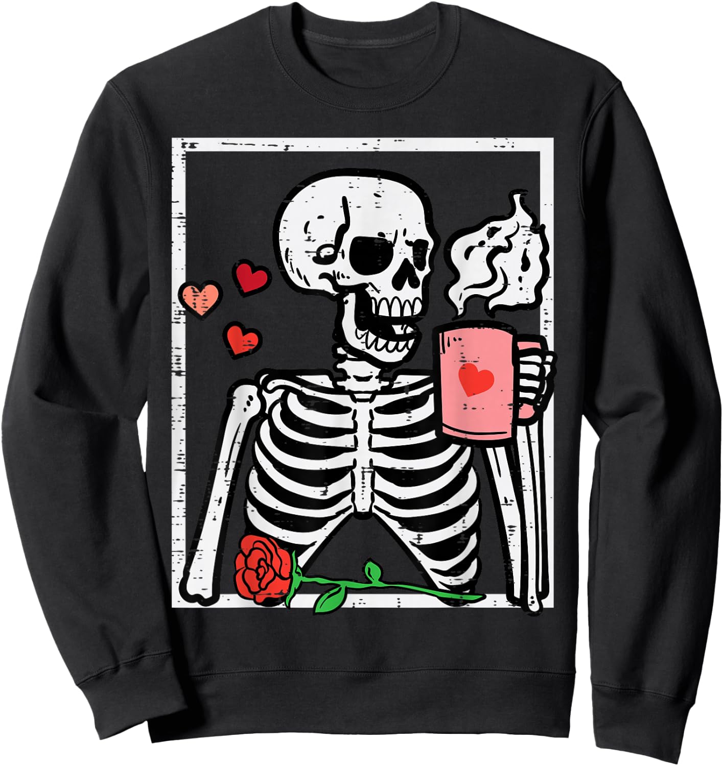 Anti Valentines Day Skeleton Coffee Funny Men Women Kids Sweatshirt - Sweatshirt | Black