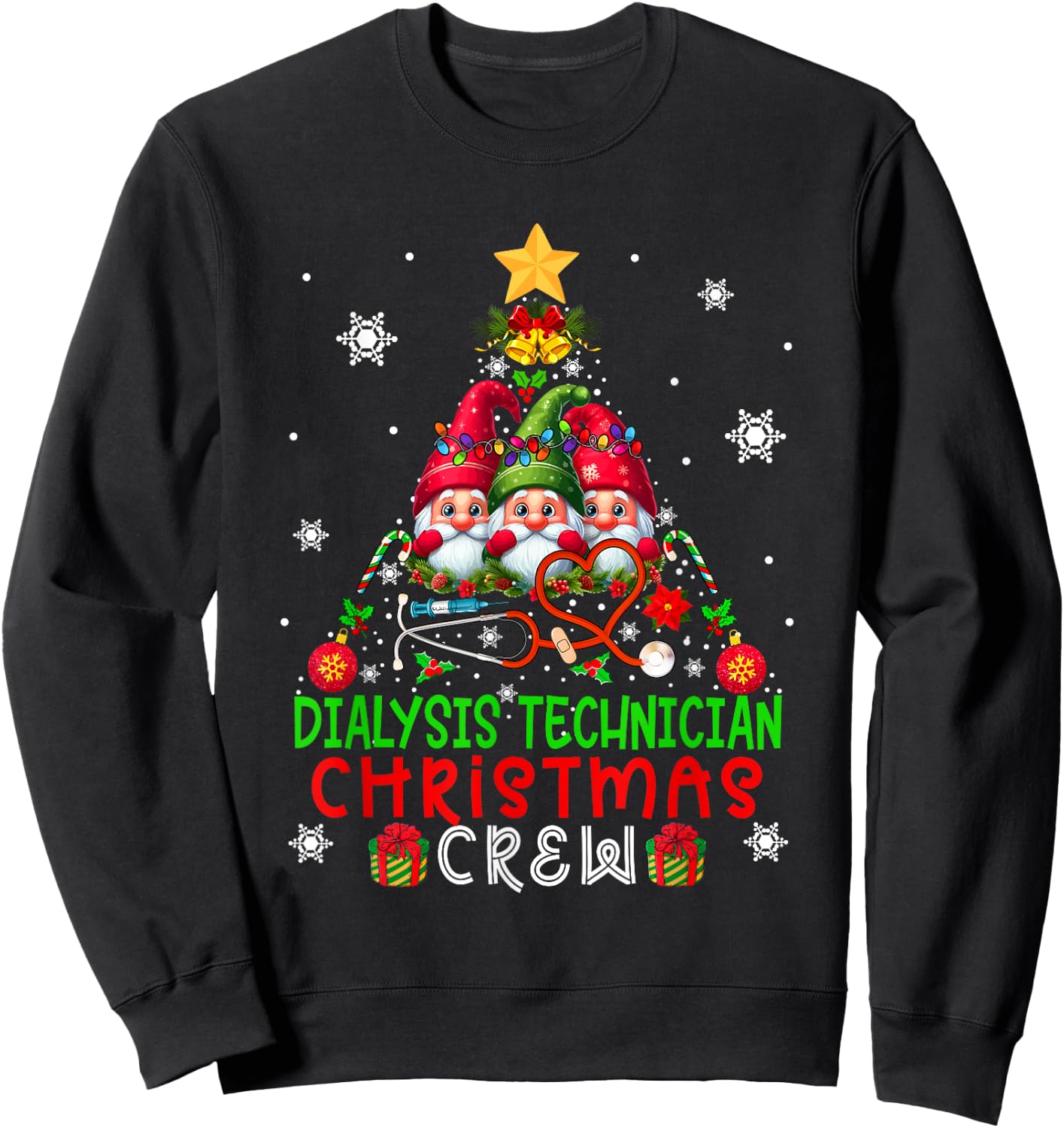 Dialysis Technician Christmas Crew Three Gnomes Xmas Tree Sweatshirt - Sweatshirt | Black