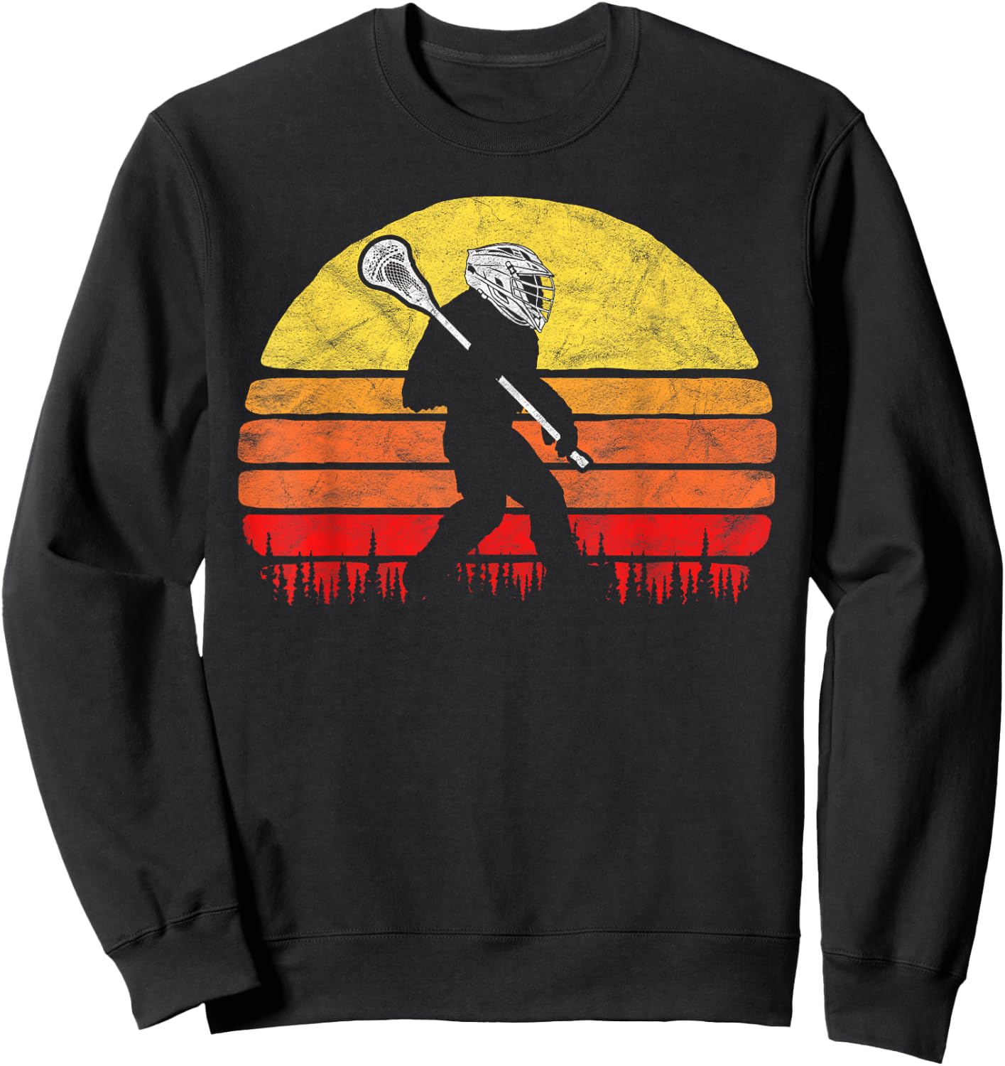 Funny Sasquatch Lax Bigfoot Lacrosse Vintage 80s Sunset Sweatshirt - Sweatshirt | Black