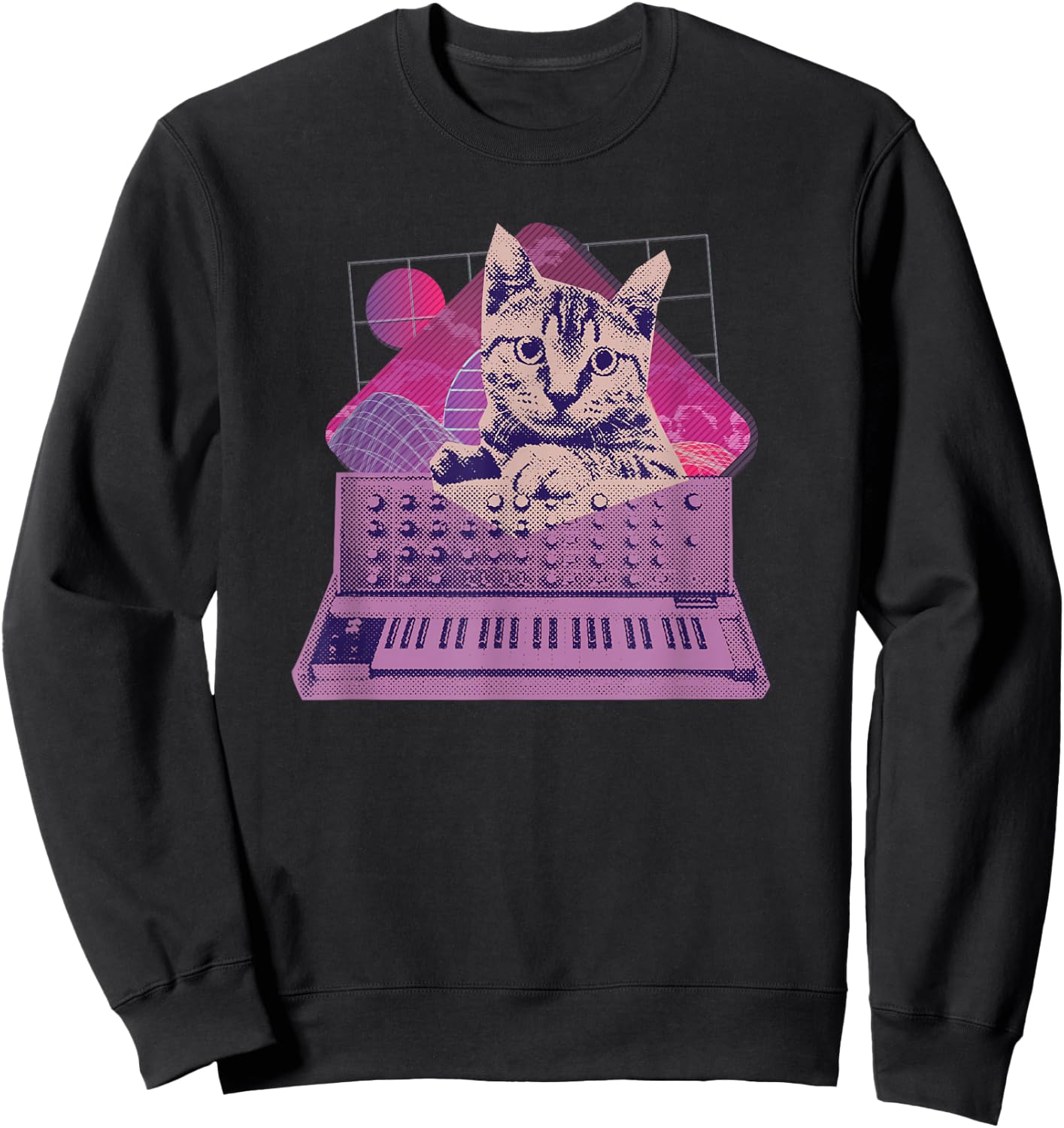 Retro Synthesizer Cat Vaporwave Aesthetic Analog Sweatshirt - Sweatshirt | Black