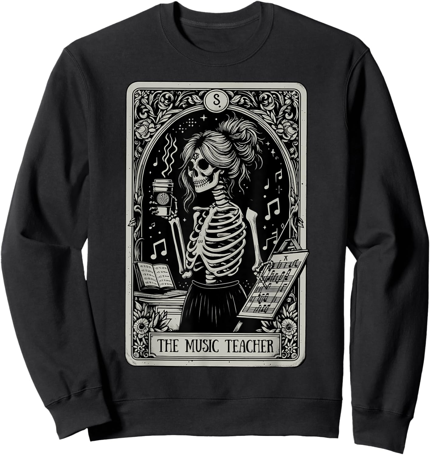 Funny Skeleton Music Teacher Tarot Card Halloween Musician Sweatshirt - Sweatshirt | Black
