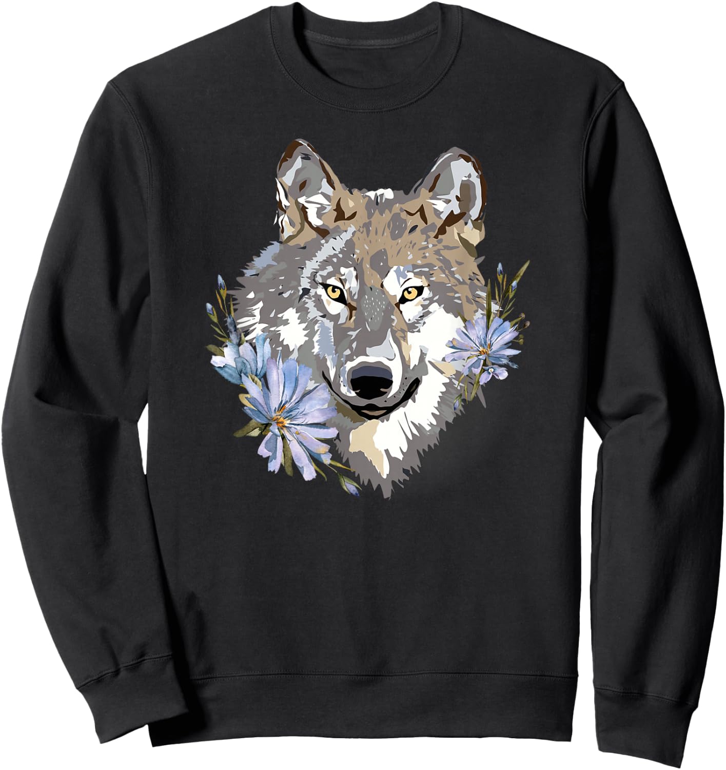 Wolf Cute Floral Graphic Wolves Women Girls Sweatshirt - Sweatshirt | Black