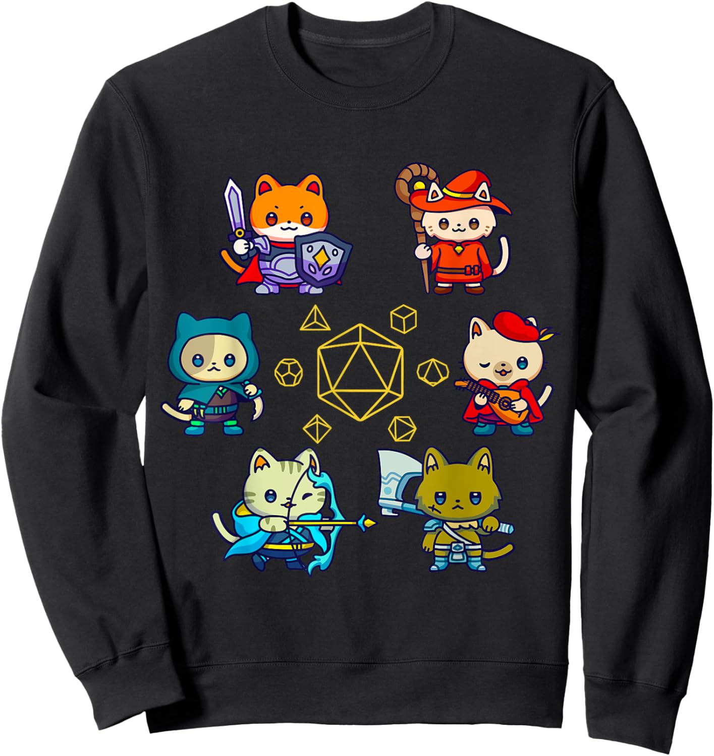 RPG Gamer Cats D20 Dice Nerdy Geek Cat Men Women Kids Sweatshirt - Sweatshirt | Black
