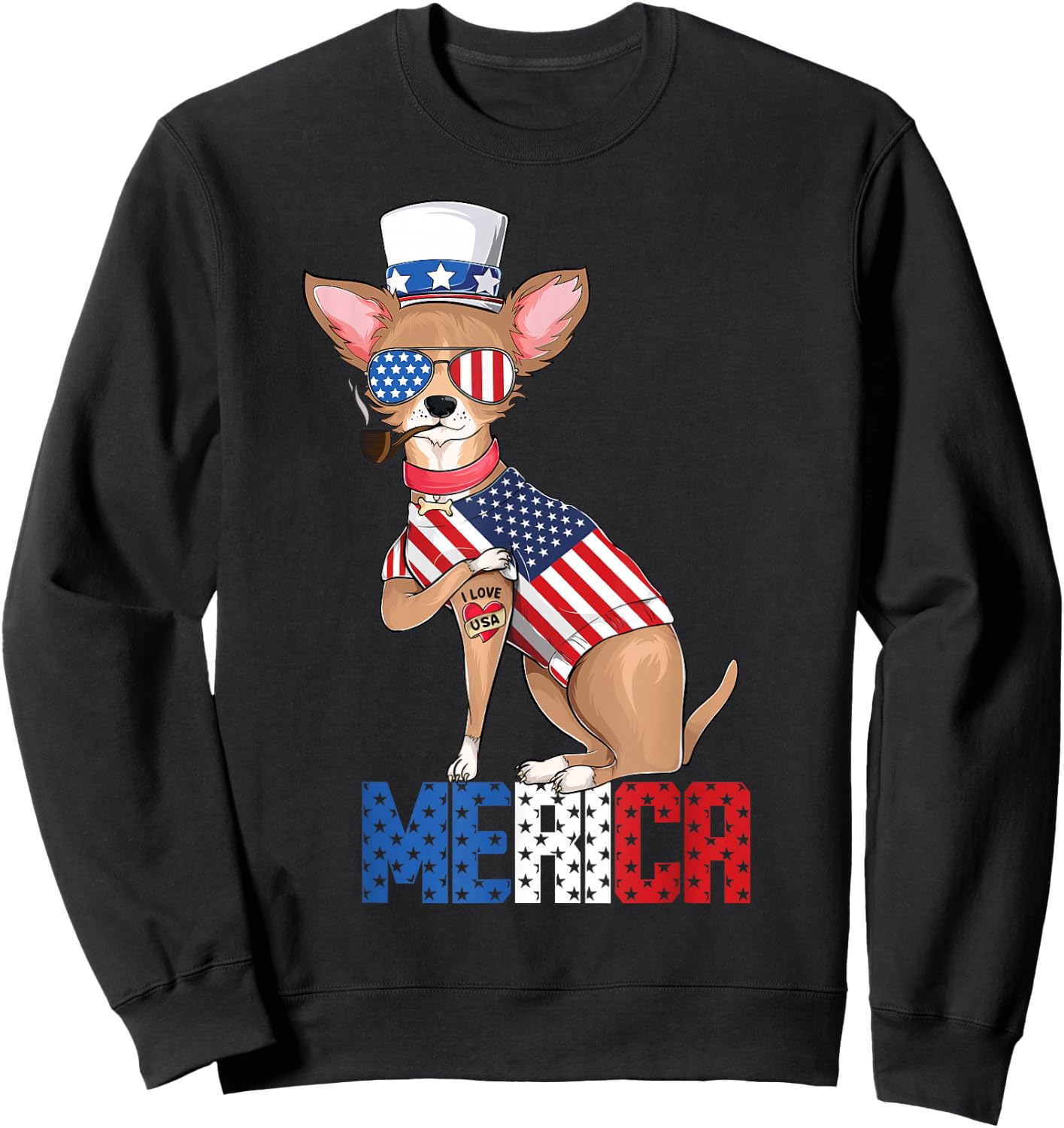 Chihuahua dog Merica 4th of july usa american flag men women Sweatshirt - Sweatshirt | Black