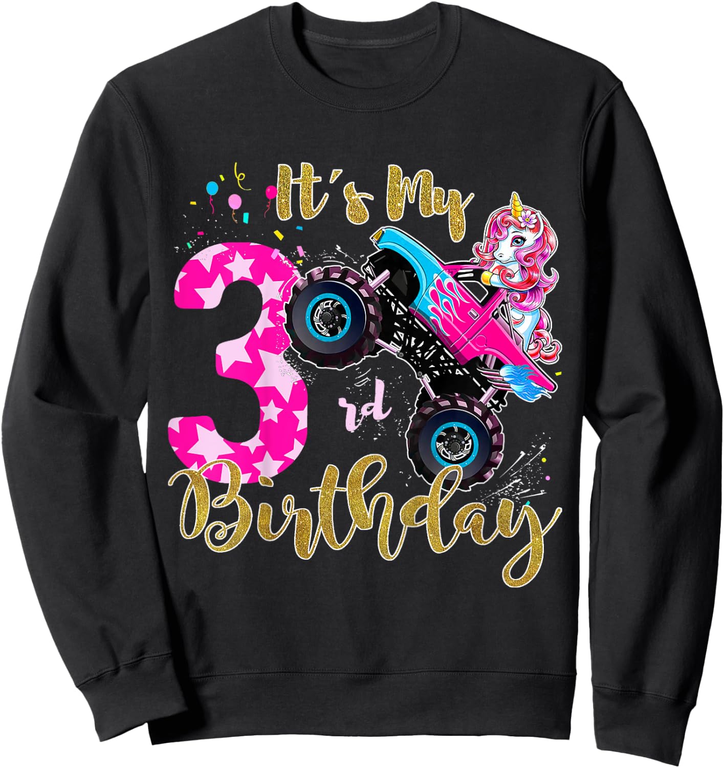 Kids Monster Truck Unicorn T Shirt Girls 3rd Birthday Daughter Sweatshirt - Sweatshirt | Black