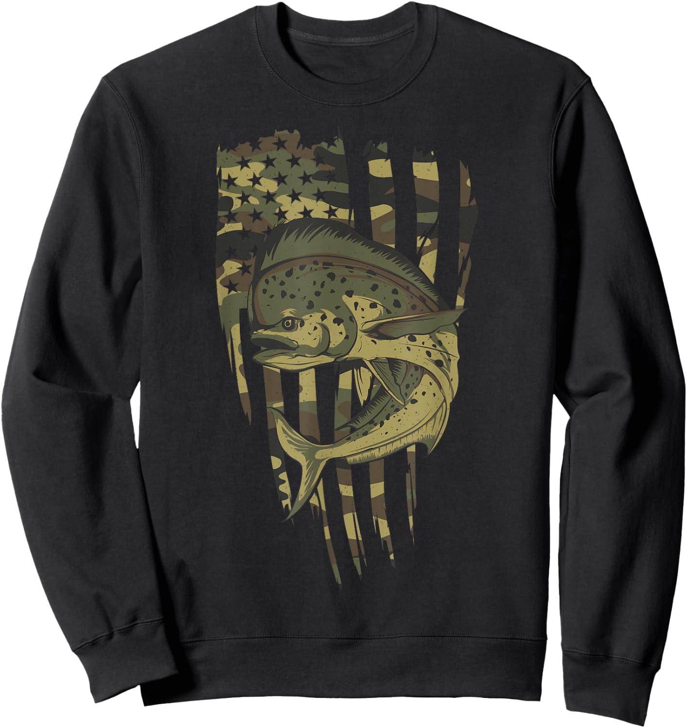 Vintage US Flag Camo Mahi Mahi Fishing Sweatshirt - Sweatshirt | Black