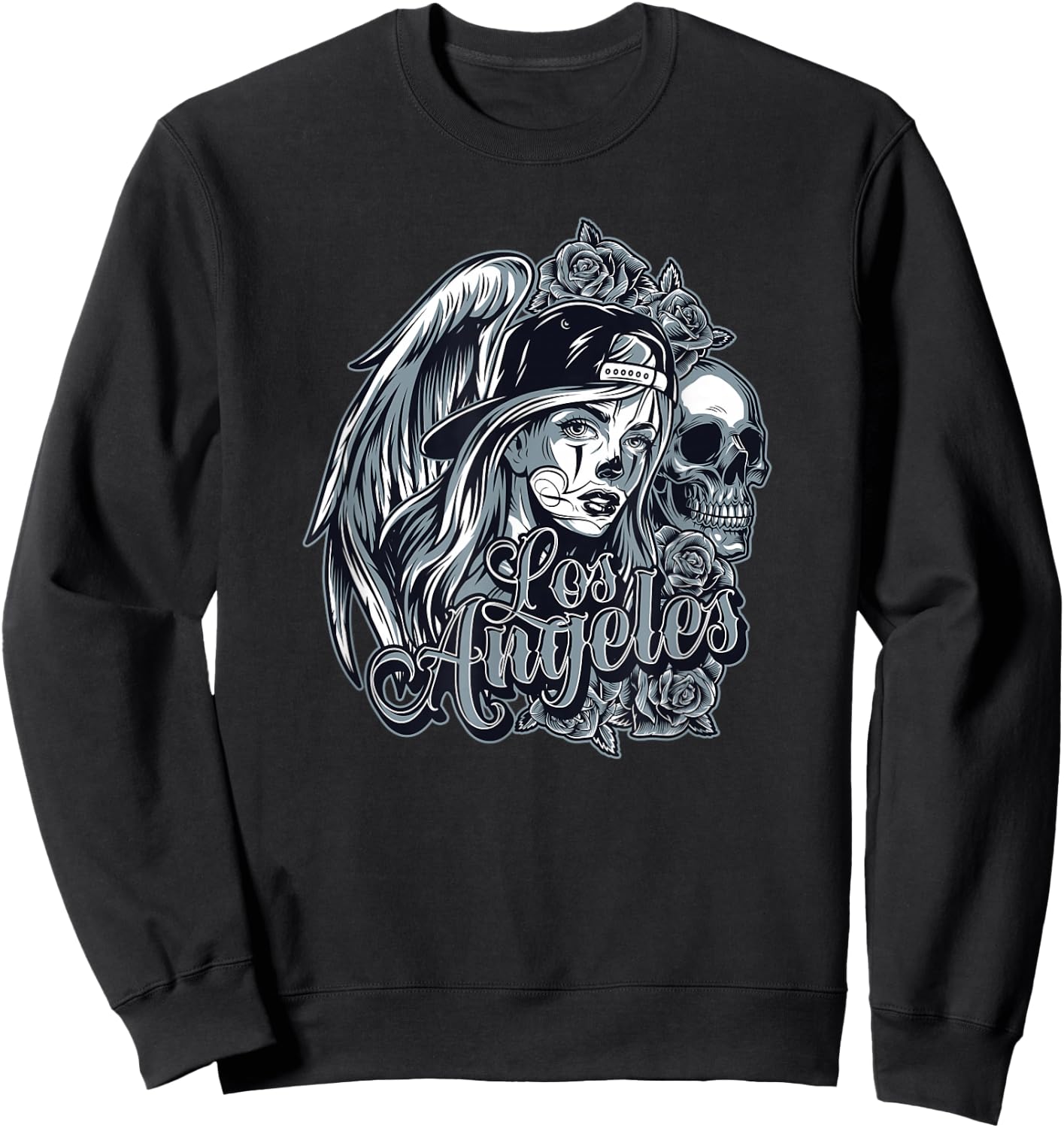 Los Angeles Chicana Design With Skulls Roses and Angel Wings Sweatshirt - Sweatshirt | Black