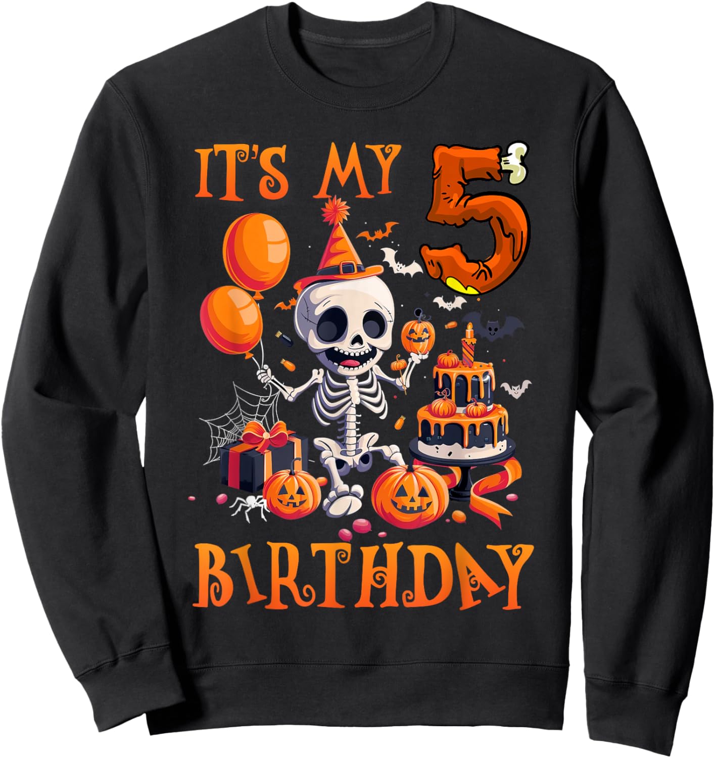 Kids Boo It's My 5th Birthday Halloween Skeleton 5 Years Old Sweatshirt - Sweatshirt | Black