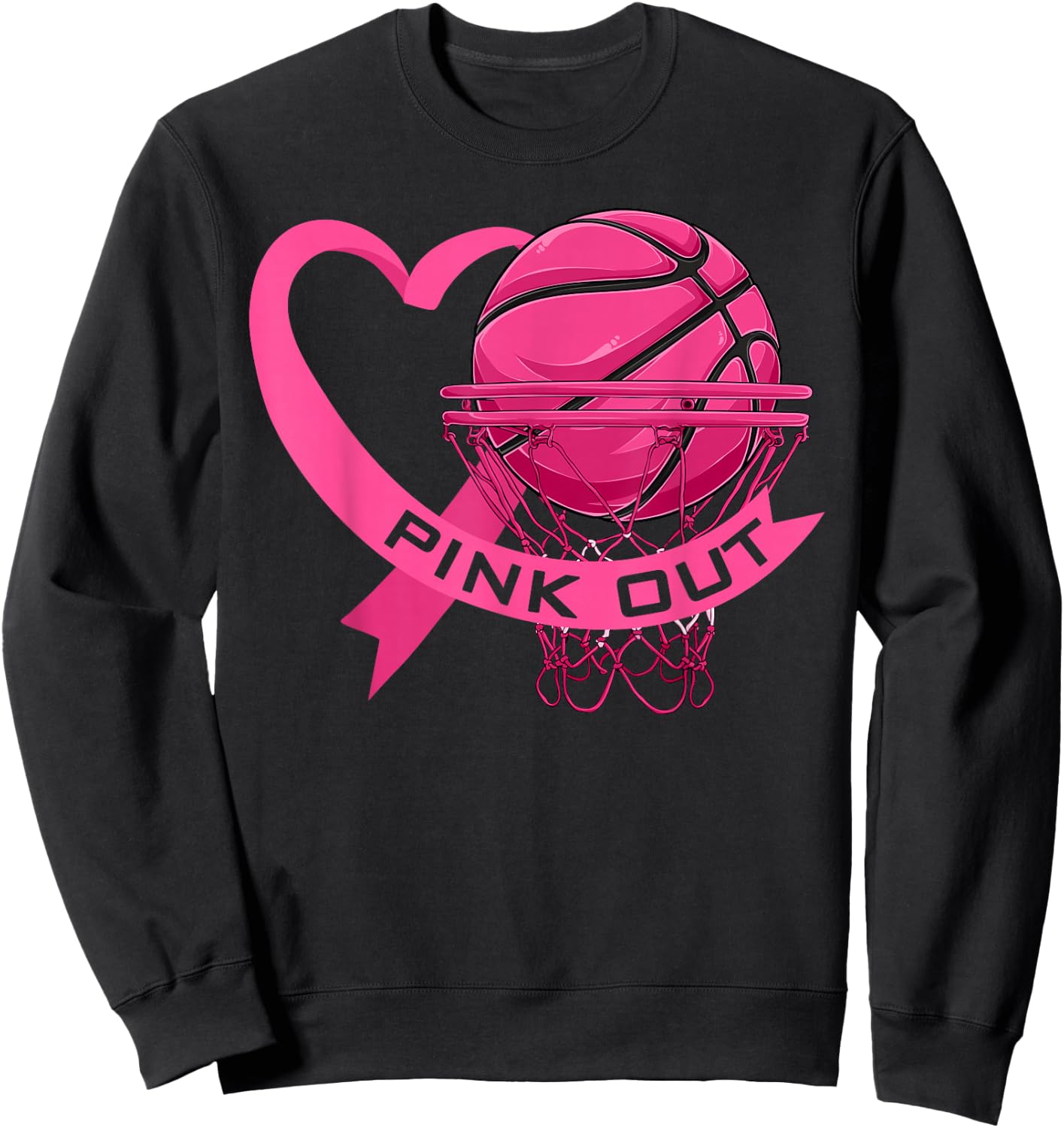 Pink Out Breast Cancer Pink Ribbon Heart & Basketball Ball Sweatshirt - Sweatshirt | Black