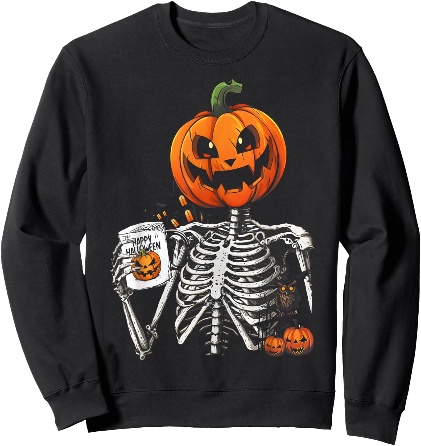 Coffee Drinking Skeleton Pumpkin Halloween Costume Women Men Sweatshirt - Sweatshirt | Black