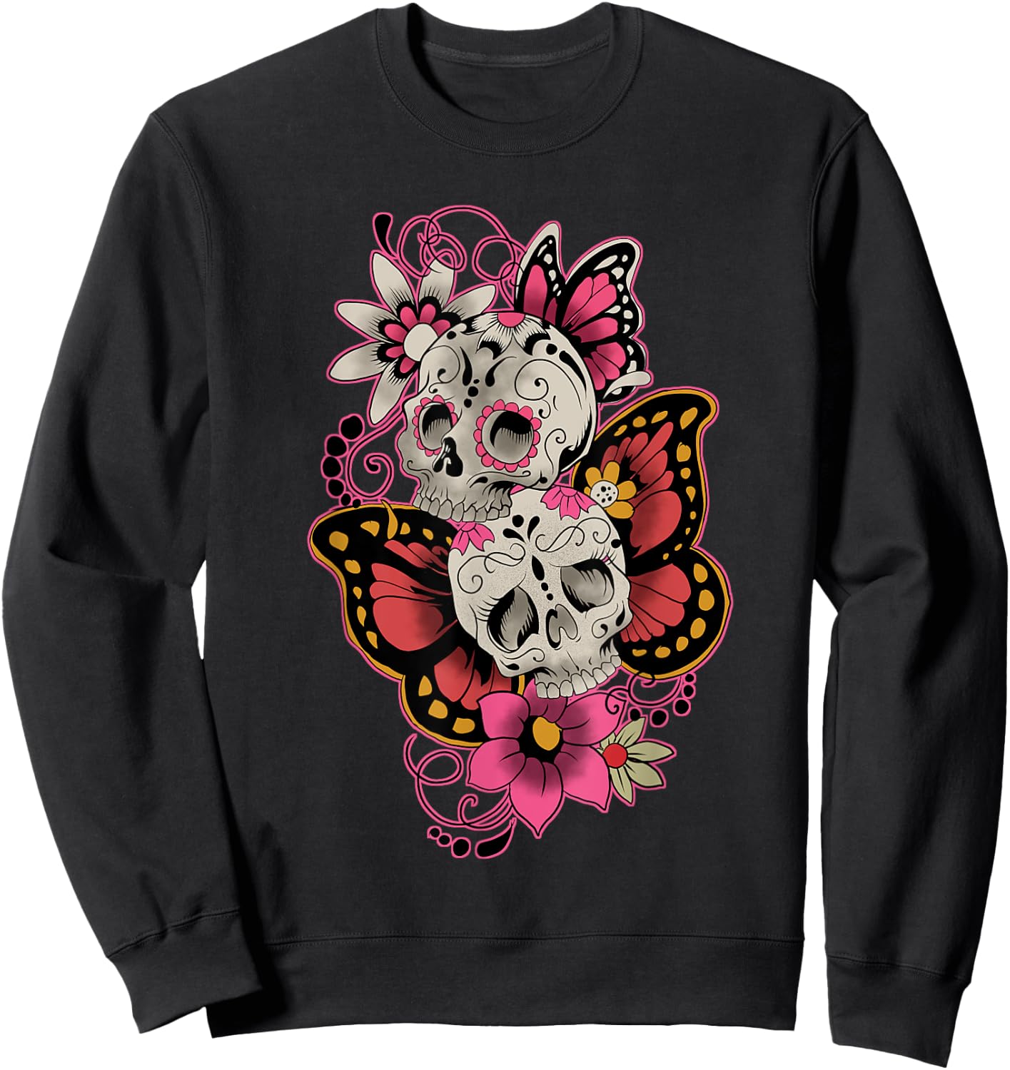 Sugar Skull Butterfly Flowers Day Of The Dead Men Women Sweatshirt - Sweatshirt | Black