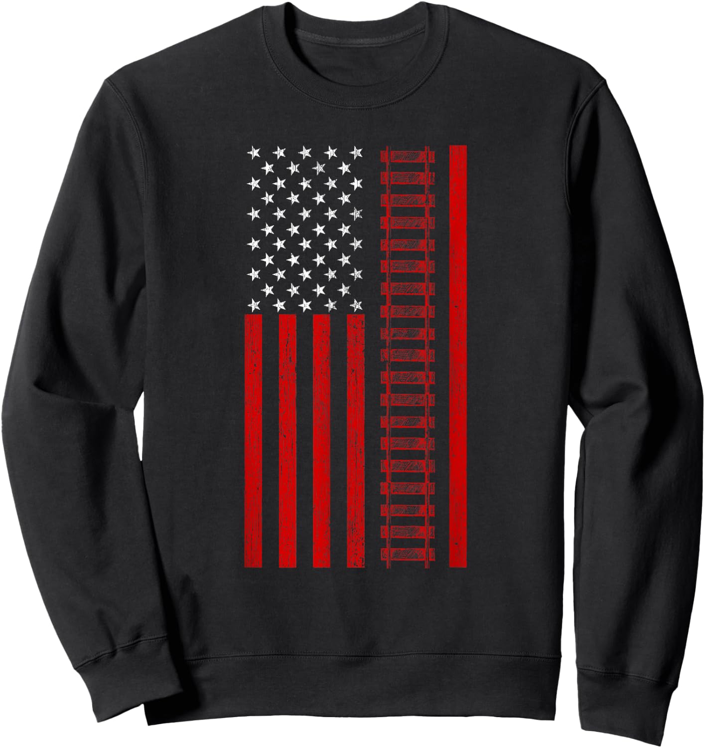 American Railroad Worker Flag With Train Tracks Distressed Sweatshirt - Sweatshirt | Black