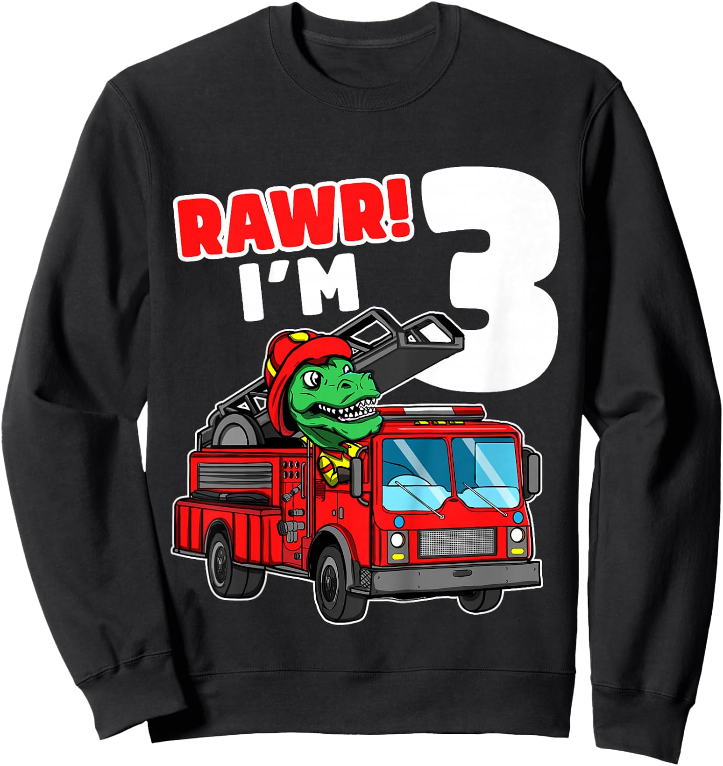 Kids Dinosaur Fire Truck 3rd Birthday Boy 3 T-Rex Firefighter Sweatshirt - Sweatshirt | Black