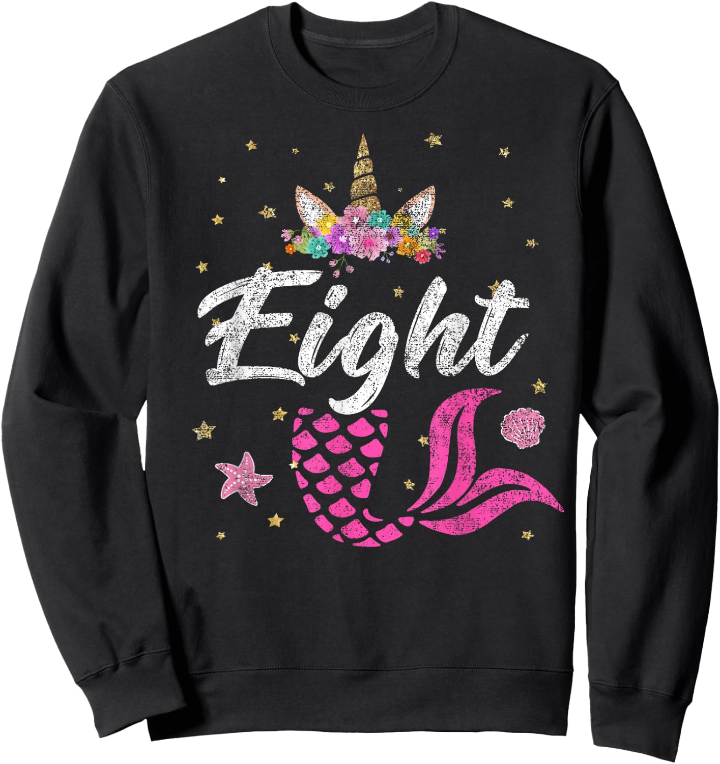 8th Birthday Girl Unicorn Shirt Mermaid Tail 8 Years Old Sweatshirt - Sweatshirt | Black