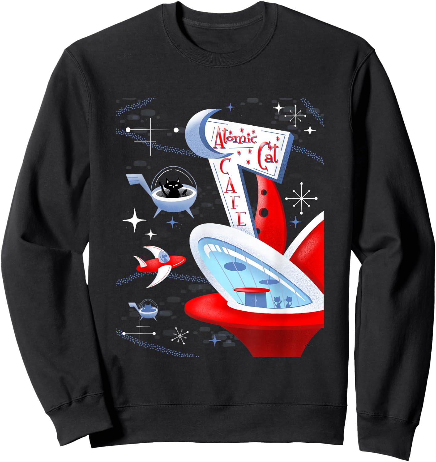 Funny Atomic Cat Cafe Retro Futuristic Spaceport Mid Century Sweatshirt - Sweatshirt | Black