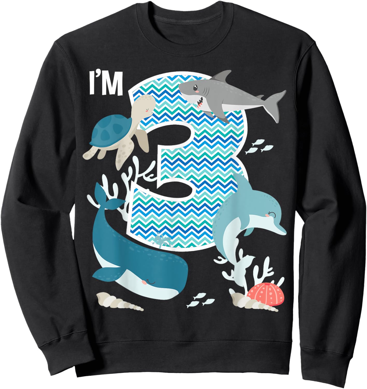 Kids 3 Year Old Ocean Life Whale Dolphin Shark 3rd Birthday Sweatshirt - Sweatshirt | Black