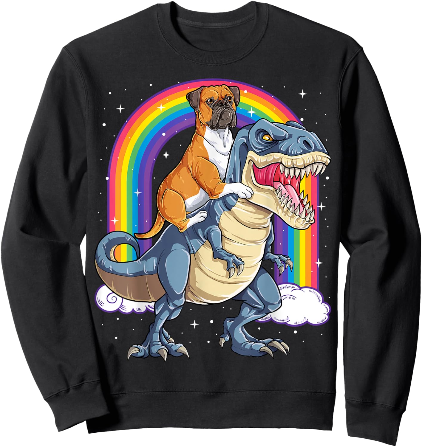 Boxer Riding Dinosaur T-rex Gift Dog Lover Boys Kids Rainbow Sweatshirt - Sweatshirt | Black