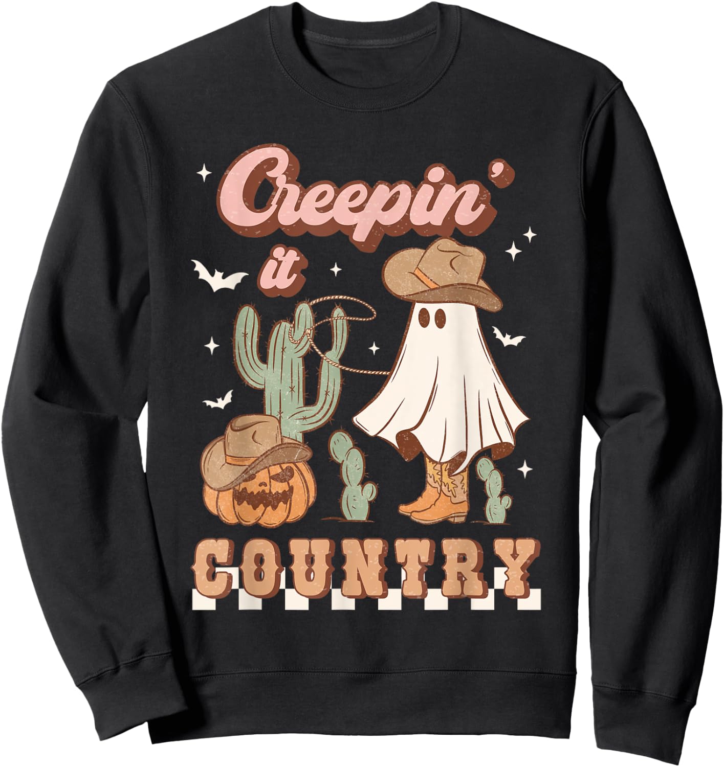 Retro Halloween Cowgirl Ghost Western Creepin' It Country Sweatshirt - Sweatshirt | Black