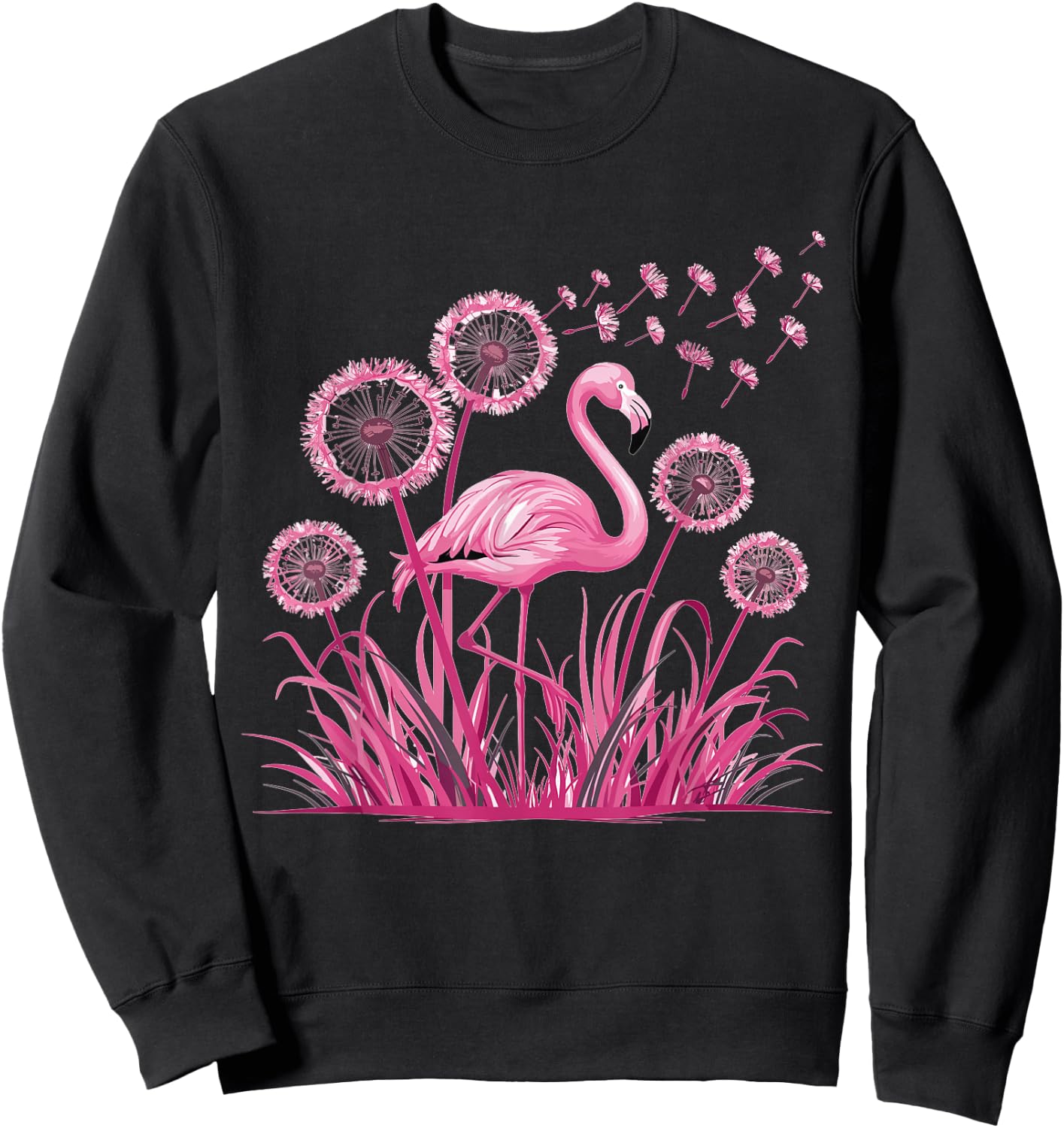 Flower Dandelion Tropical Bird Pink Flamingo Sweatshirt - Sweatshirt | Black