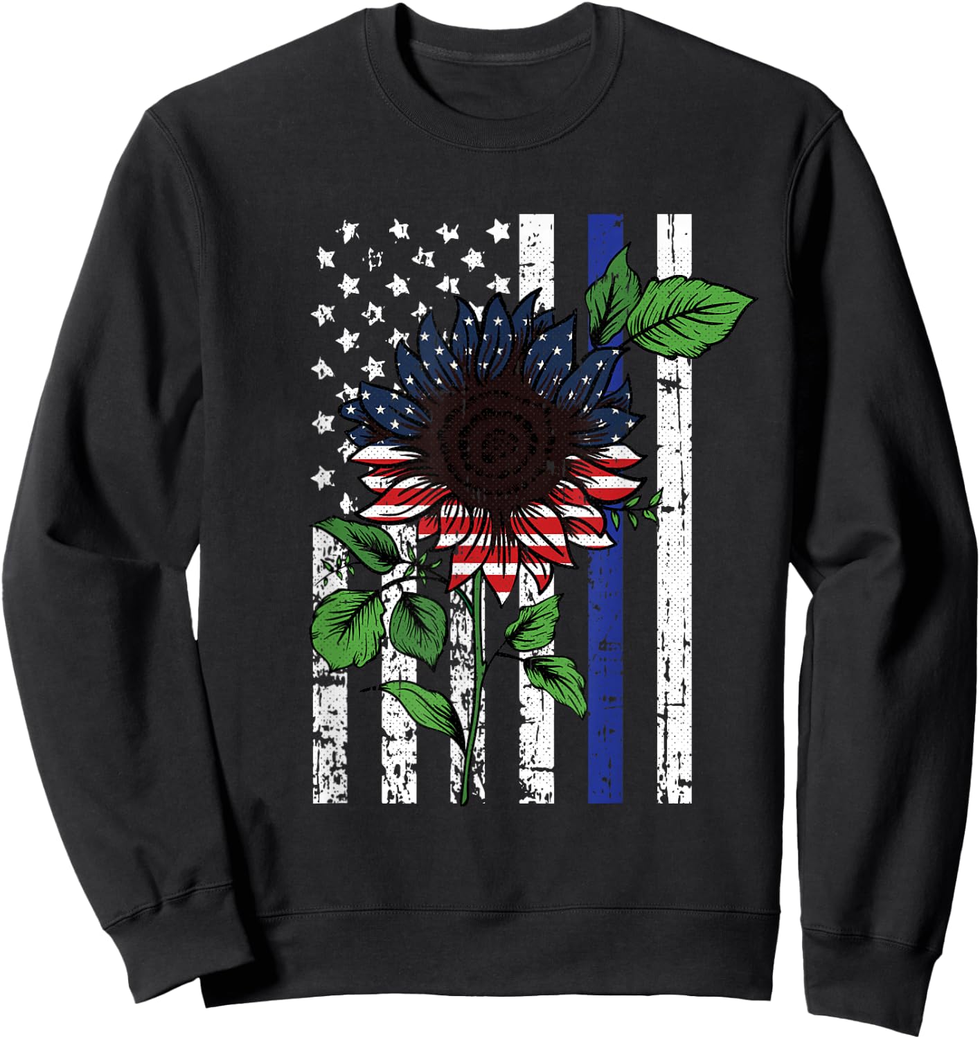 Sunflower American Flag 4th Of July Blue Line USA Police Sweatshirt - Sweatshirt | Black