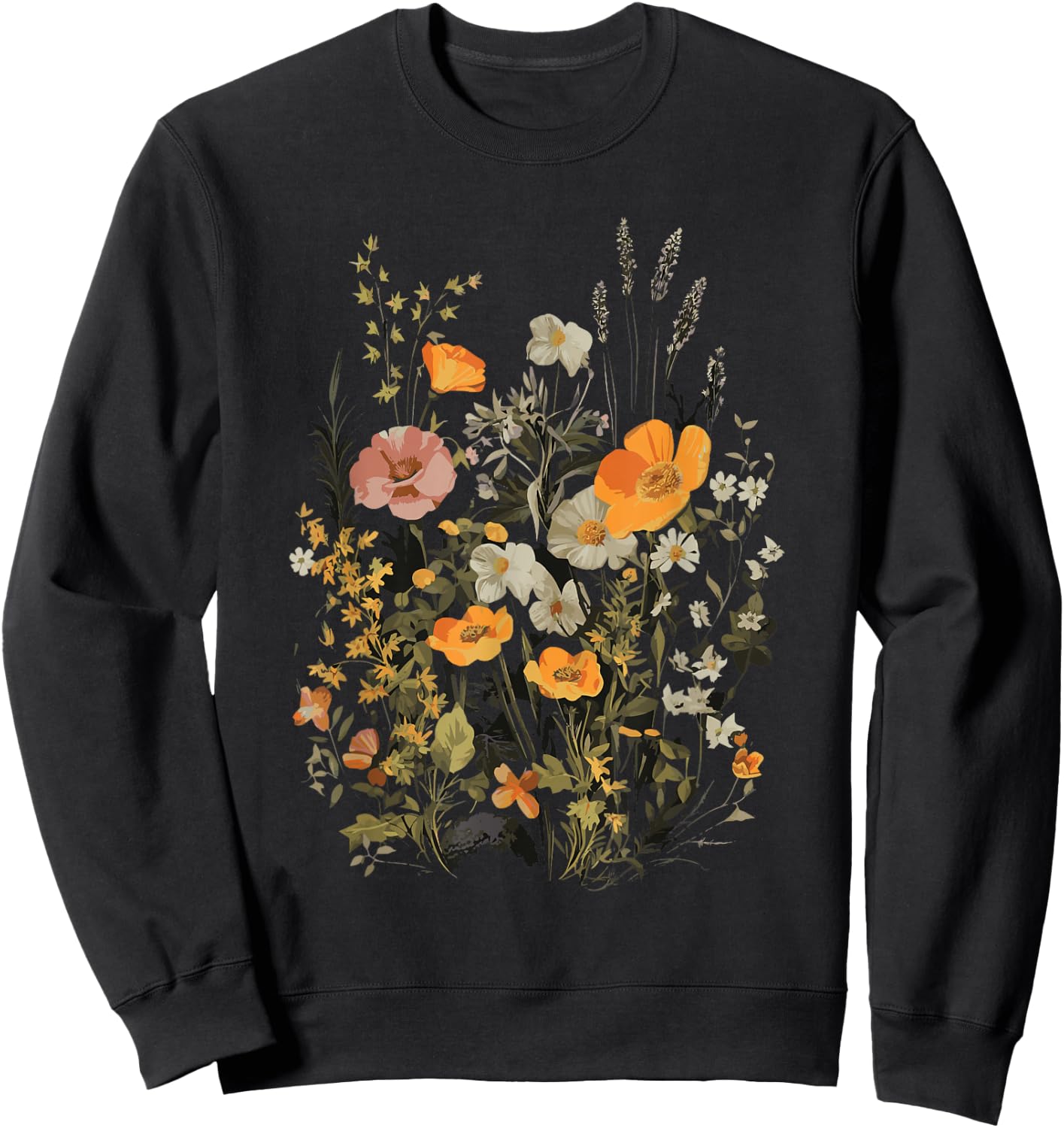 Vintage Flowers Floral Pressed Flower Sweatshirt - Sweatshirt | Black