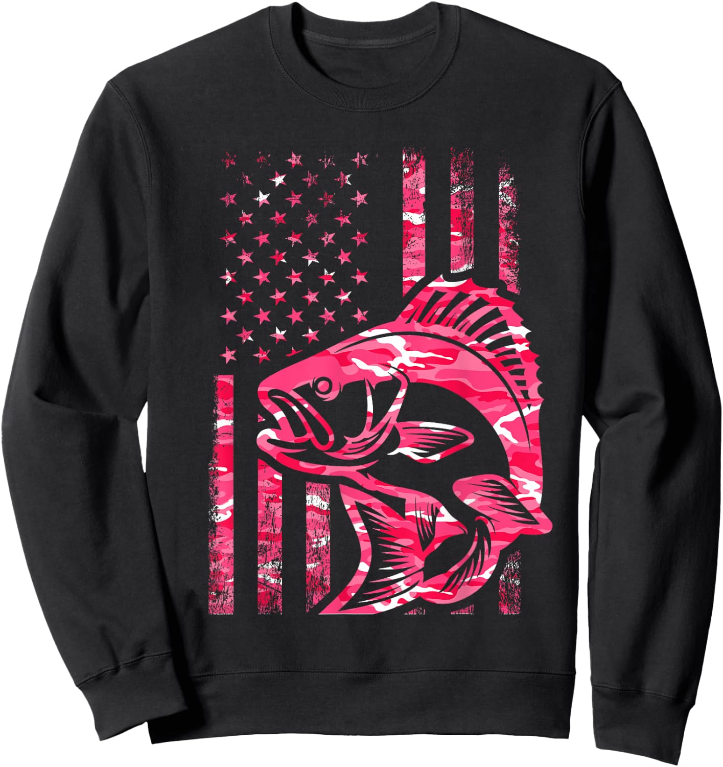 Pink Camo American Flag Fishing Shirt Women Bass Fishing Sweatshirt - Sweatshirt | Black