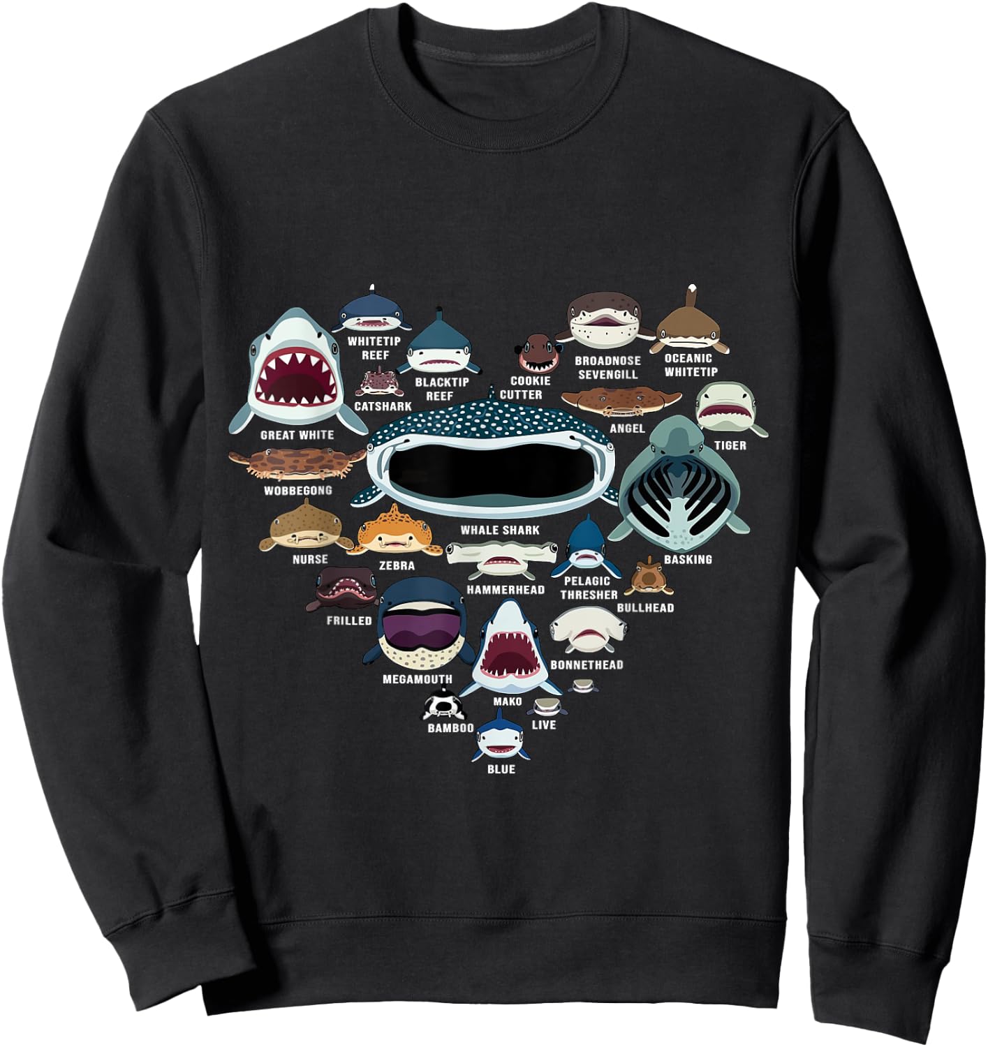 Types Of Shark Identification - Shark Faces - Shark Heart Sweatshirt - Sweatshirt | Black