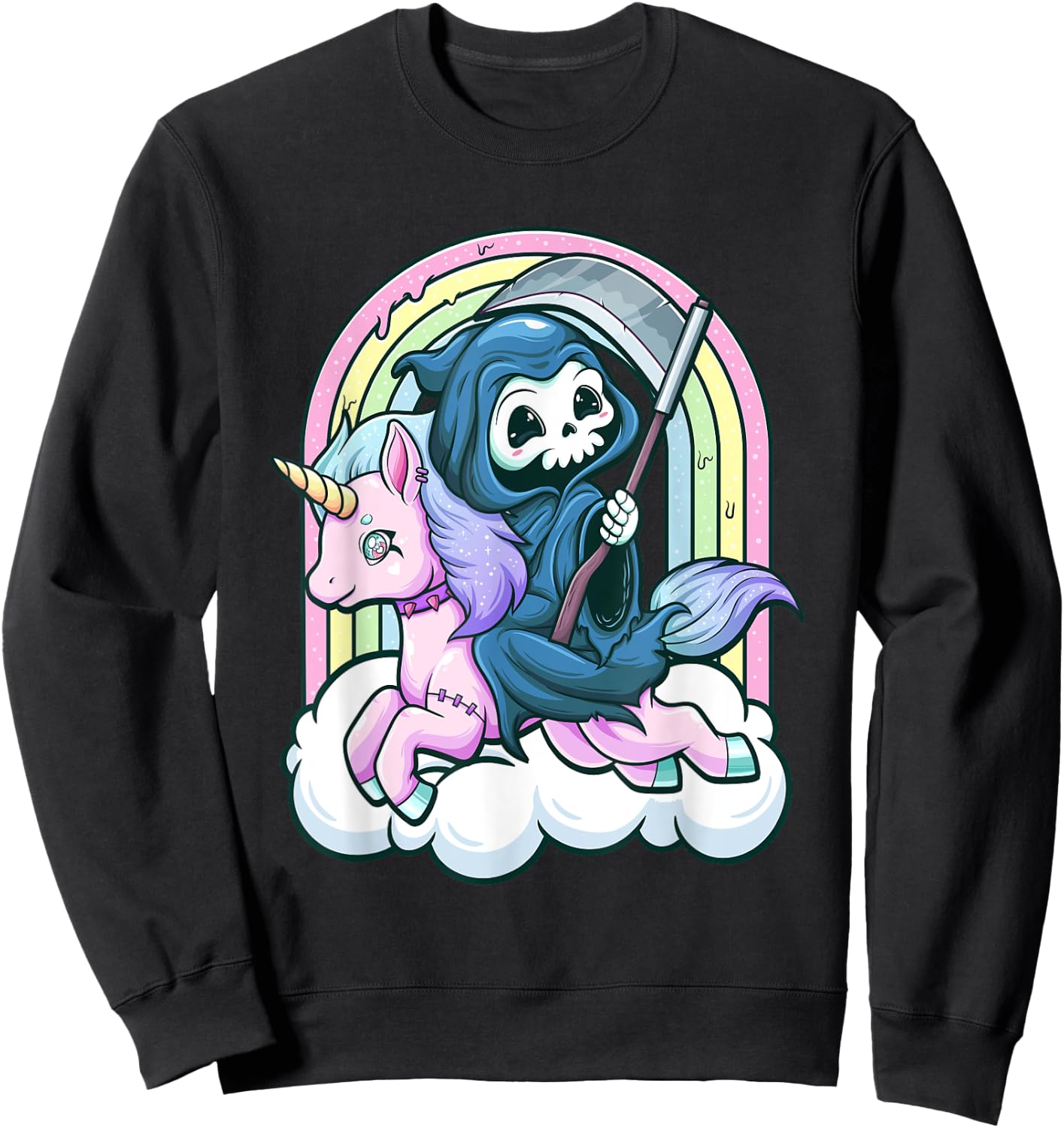 Kawaii Pastel Goth Cute Creepy Unicorn Grim Reaper Sweatshirt - Sweatshirt | Black