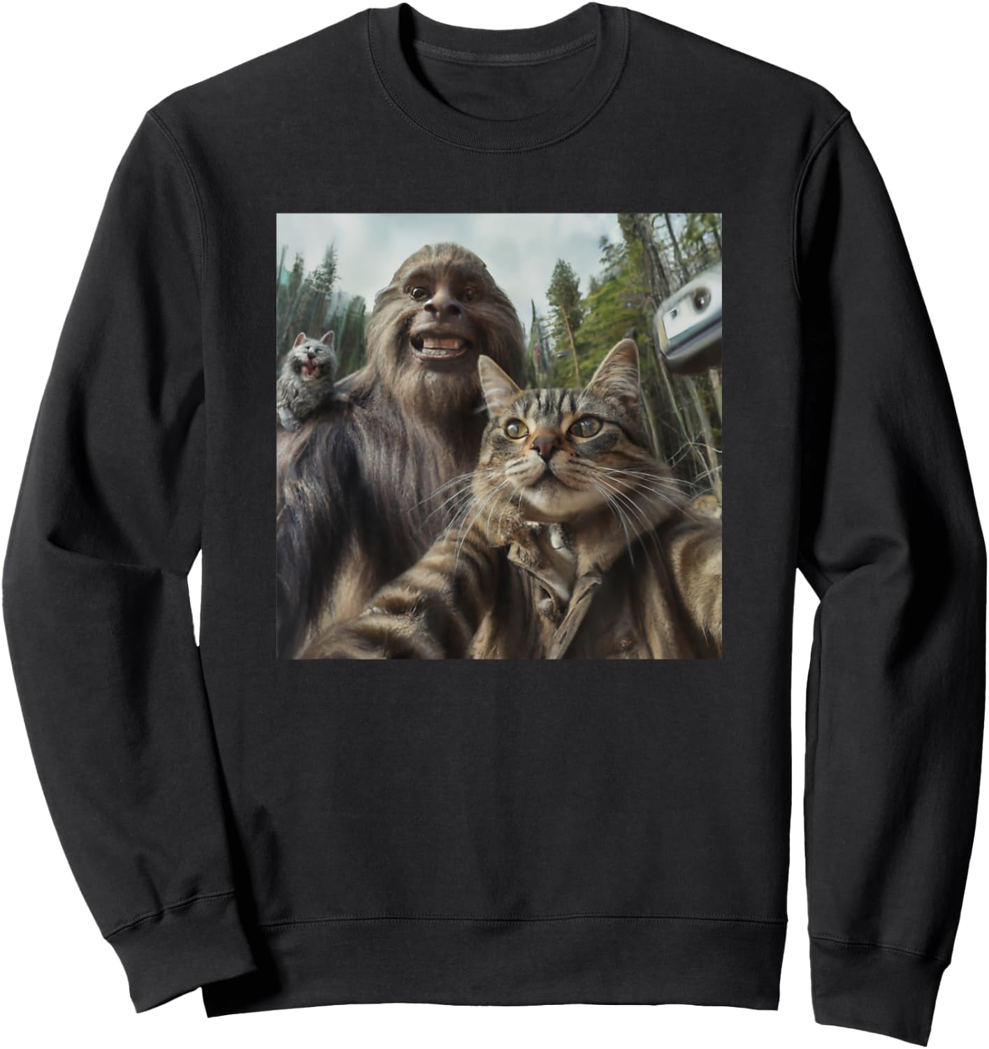 Cat Bigfoot Sasquatch Selfie Photo Funny Retro Classic Humor Sweatshirt - Sweatshirt | Black