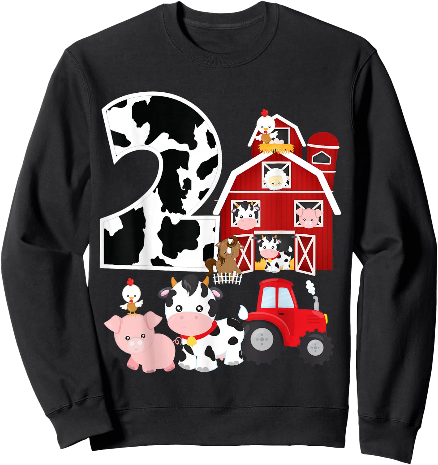 Farm Barnyard Theme Pig Cow Horse 2nd Birthday 2 Yrs Old Sweatshirt - Sweatshirt | Black