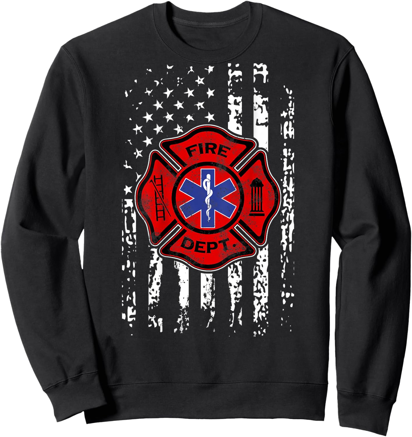 EMT Firefighter Shirt Fireman EMS USA Flag Gift Back Print Sweatshirt - Sweatshirt | Black