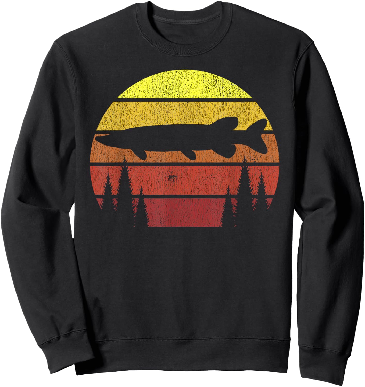 Northern Pike Retro Fishing Outline Fisherman Sweatshirt - Sweatshirt | Black
