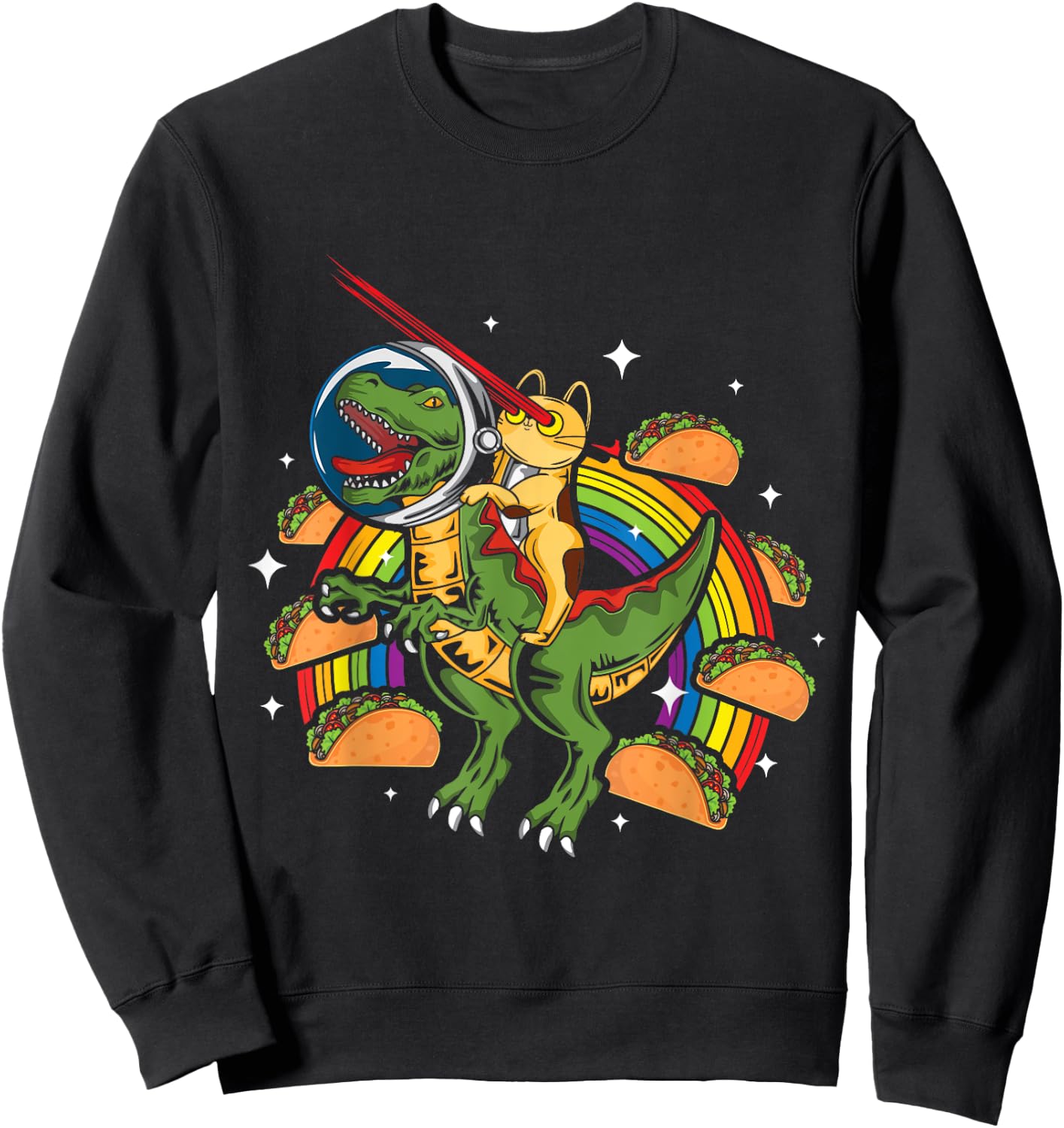 Crazy T-Rex Riding Cat Laser Eye Taco Rainbow Space Dinosaur Women Girls Kids Sweatshirt - Sweatshirt | Black