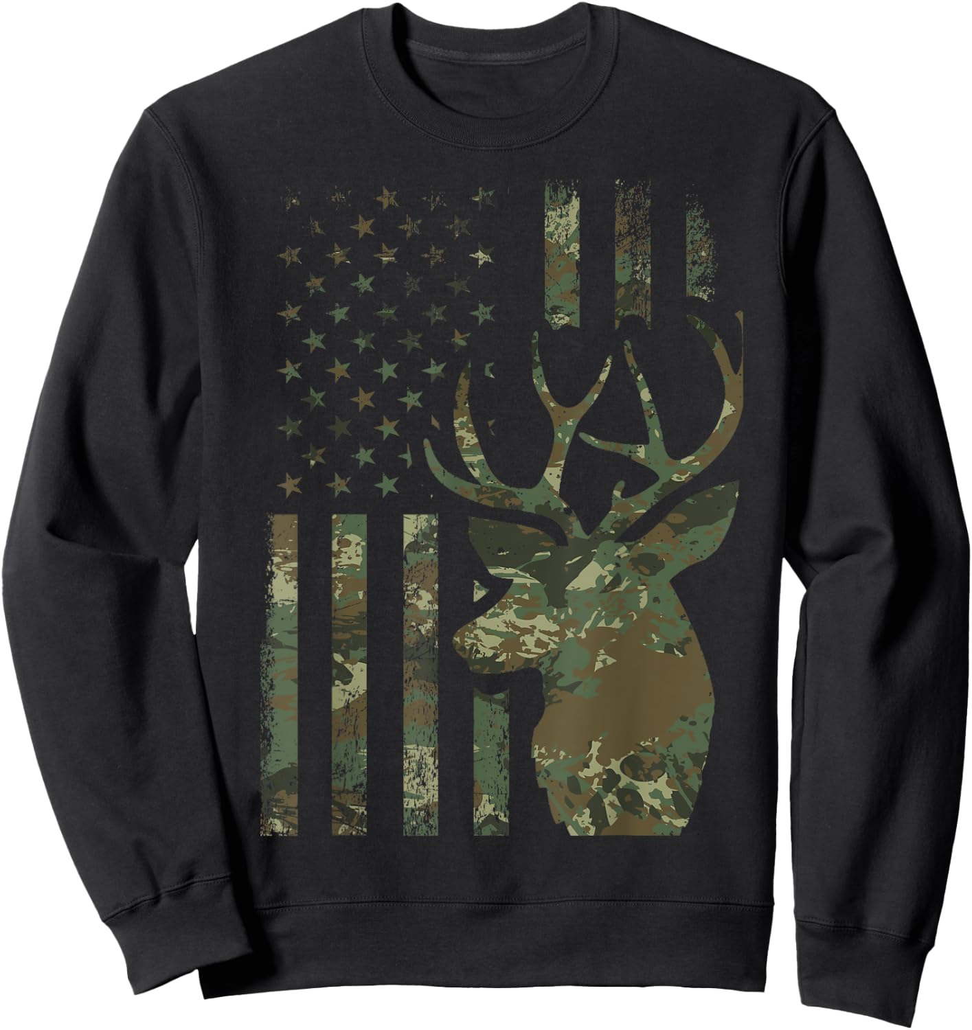 Camo American Flag Buck Hunting Gift Elk Deer Hunter Men Sweatshirt - Sweatshirt | Black