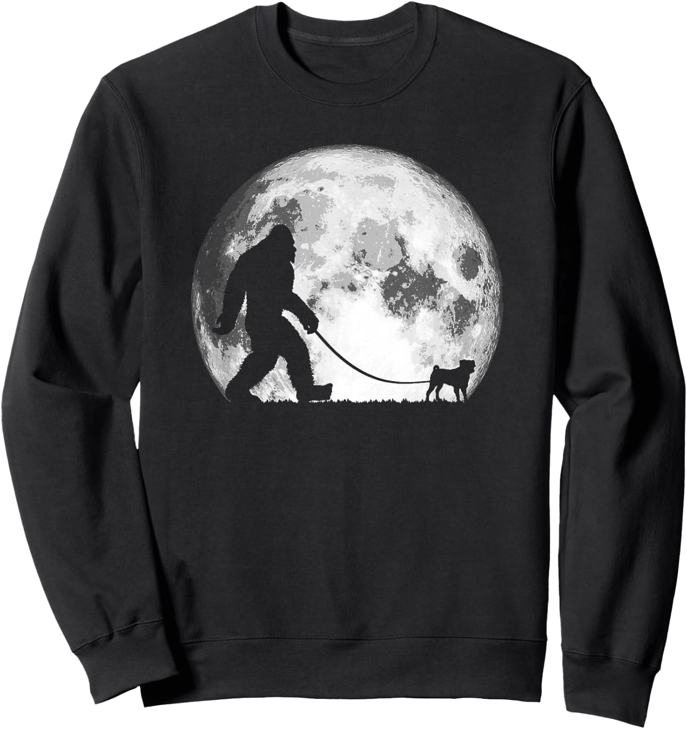 Bigfoot & Pug Funny Night Time Dog Walking Graphic Sweatshirt - Sweatshirt | Black