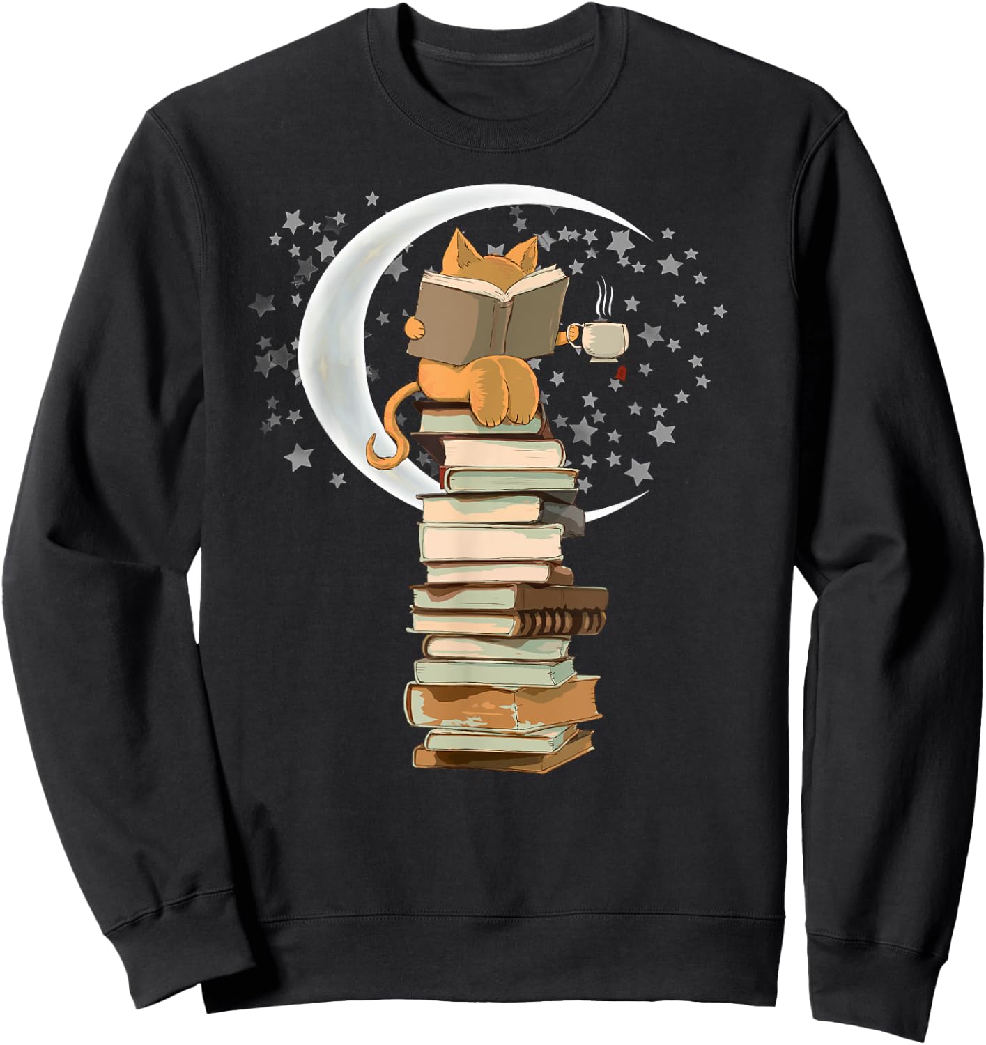 Kawaii Reading by moonlight, books, coffee and cute cat Men Women Girls Kids Sweatshirt - Sweatshirt | Black