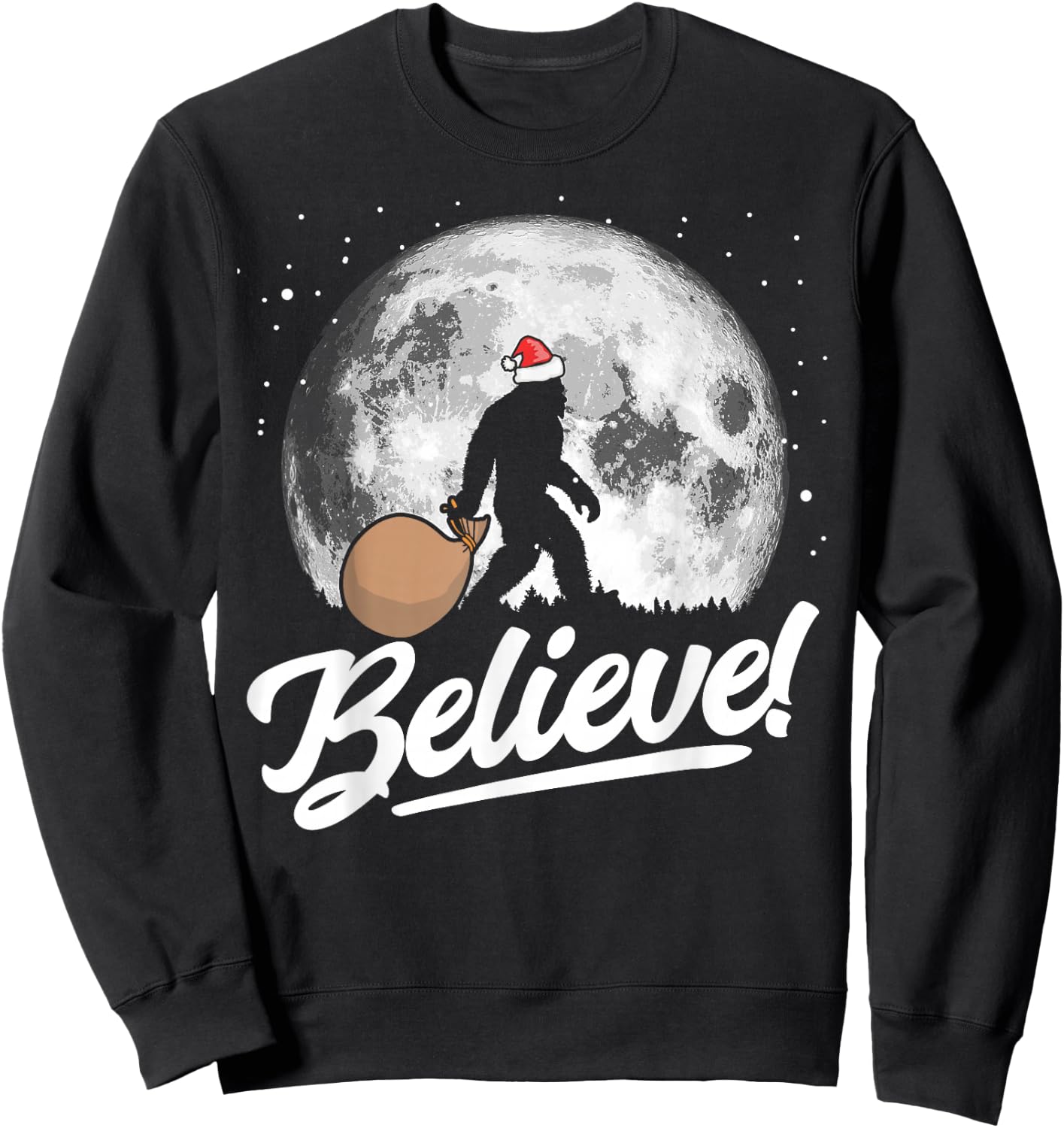 Believe! Santa Bigfoot Christmas Snow & Moon Night Graphic Sweatshirt - Sweatshirt | Black
