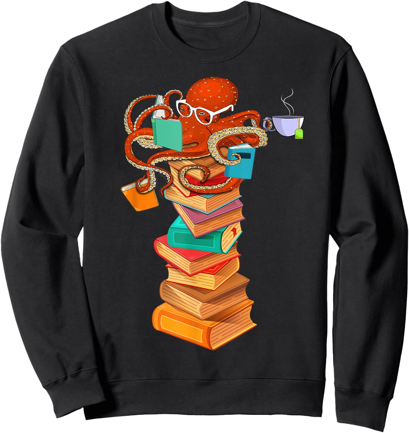 Reading Octopus Tea Coffee Book Lover Bookworm Reader Funny Sweatshirt - Sweatshirt | Black